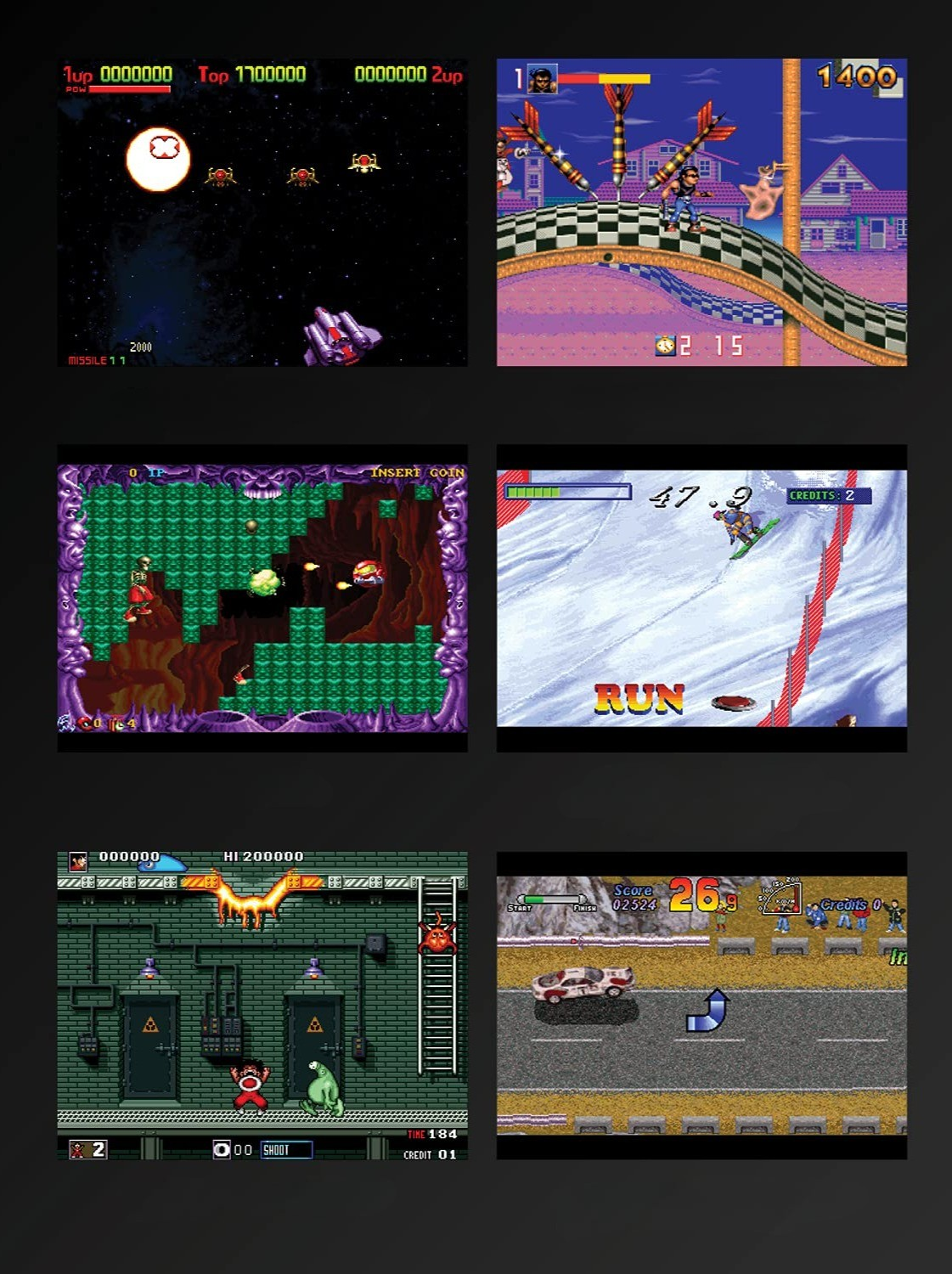 Kolaż przedstawiający sześć różnych klasycznych ekranów gier wideo w stylu pixel art.