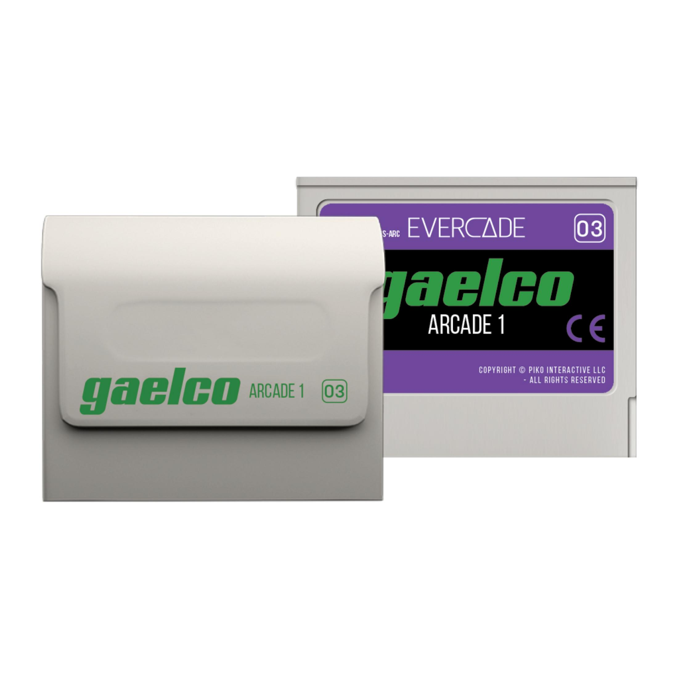 Karta Evercade Gaelco Arcade 1 w białej osłonie, z zielonym i fioletowym logo.