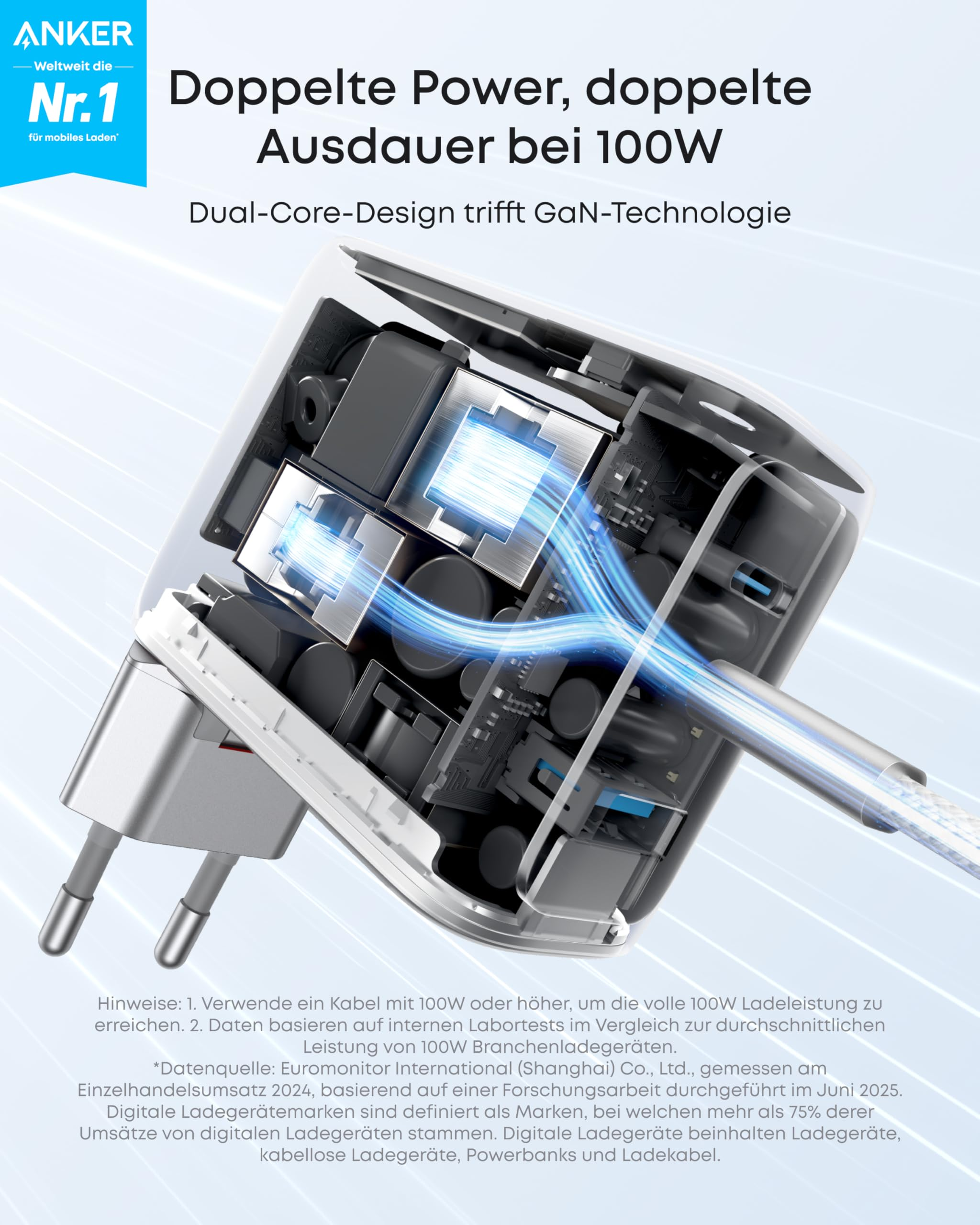 Design interno del caricabatterie Anker da 100W con effetti di luce blu, testo in alto e note in basso.