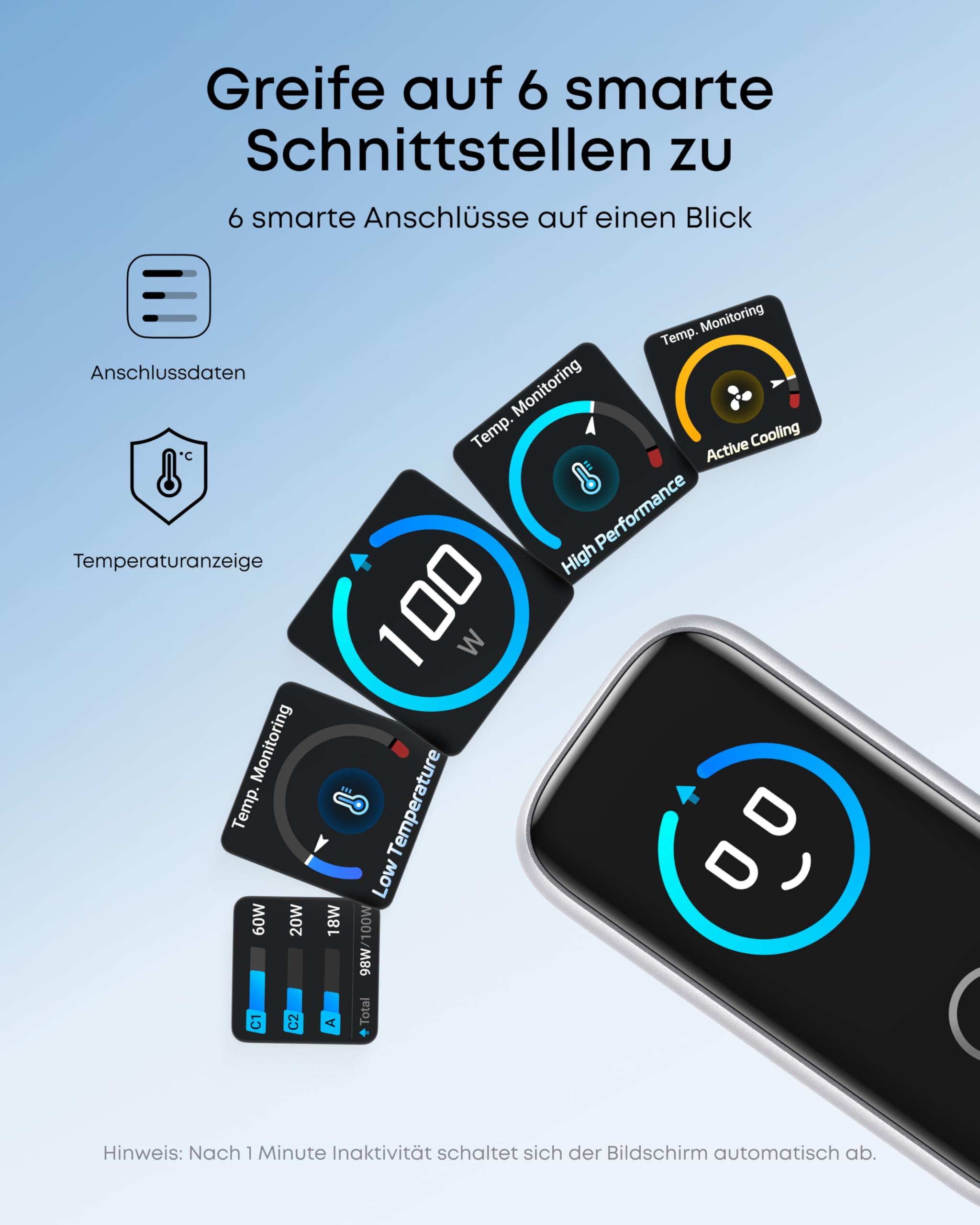 Il display mostra sei interfacce smart, dati di connessione e temperatura su sfondo blu.