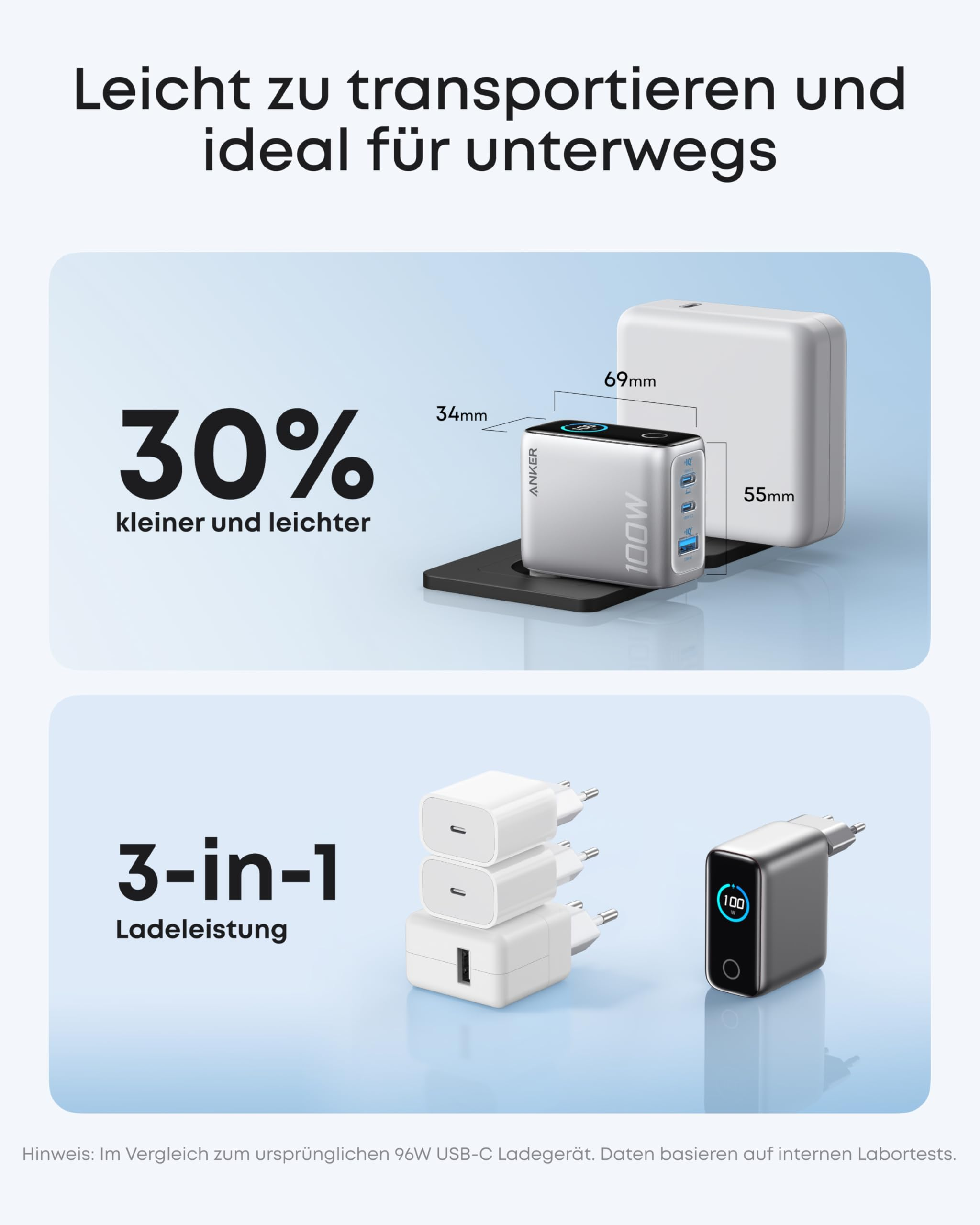 Confronto di due caricatori con dimensioni e funzione 3 in 1.