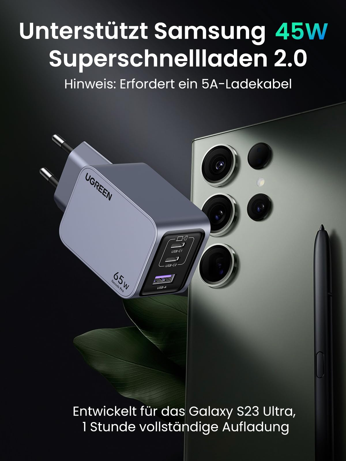 Caricabatterie Ugreen da 65W e Samsung Galaxy S23 Ultra su sfondo verde scuro con testo.