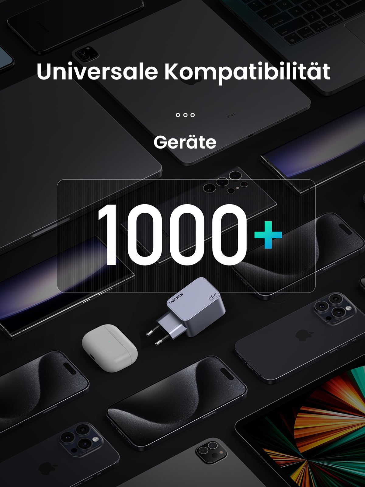 Vari dispositivi elettronici e un caricatore Ugreen da 65W su sfondo scuro.