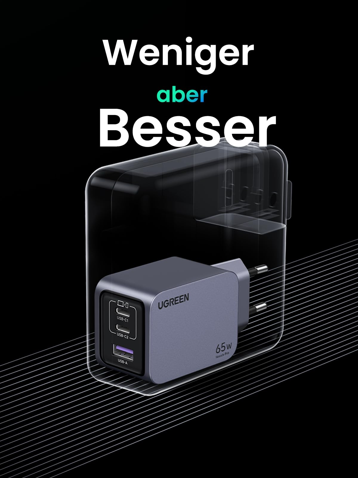 Un caricatore da muro USB UGREEN da 65W compatto con due porte USB-C e una USB-A su sfondo scuro.