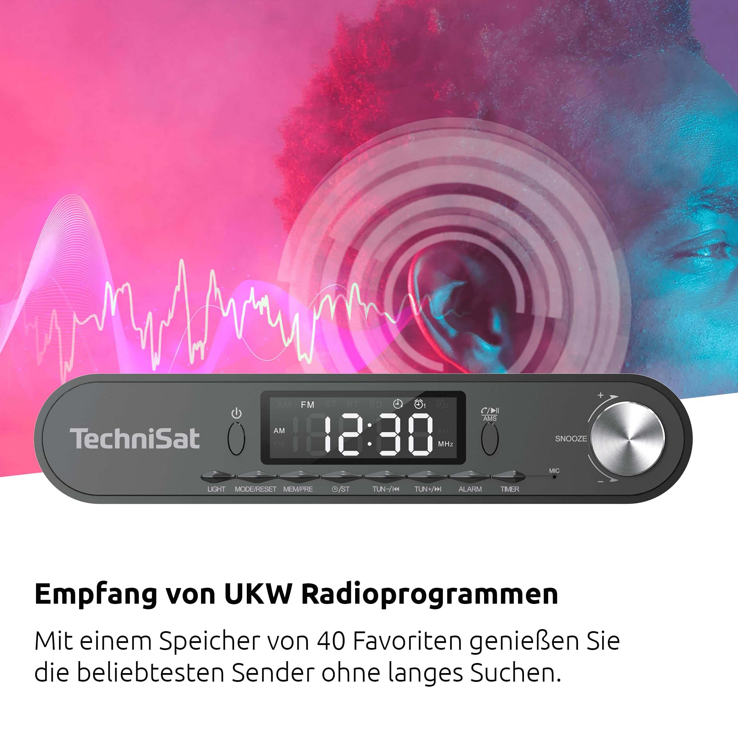TechniSat-Radio und Person mit Kopfhörern vor rosa und blauem Hintergrund.