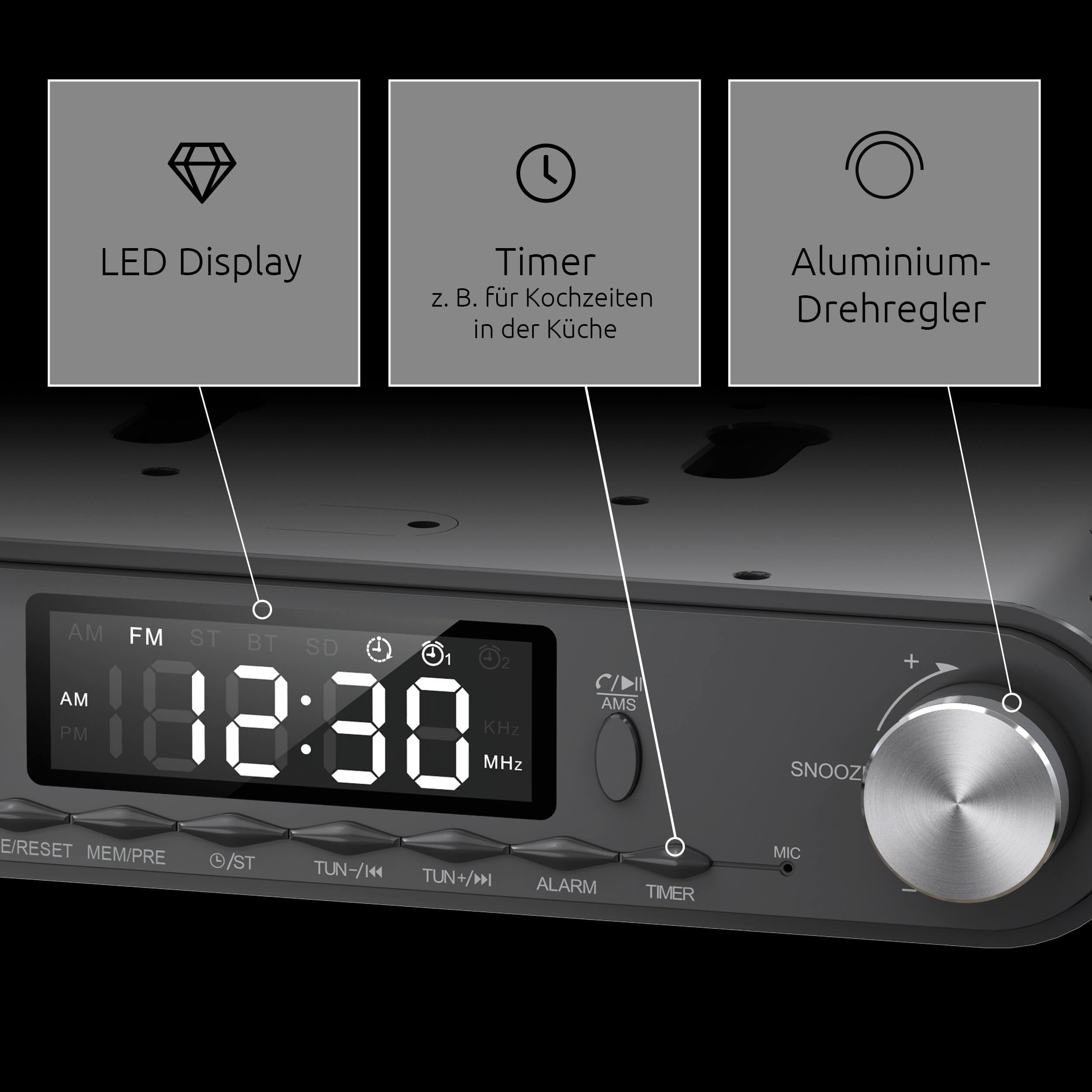 Graues Küchenradio mit LED-Display, Timer und Aluminium-Drehregler.
