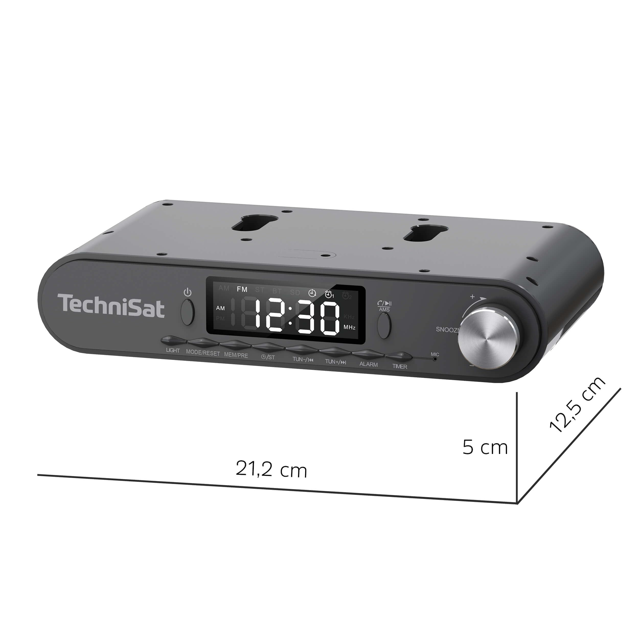 Schwarzes TechniSat-Radio mit digitaler Zeitanzeige und Maßen von 21,2 x 5 x 12,5 cm.
