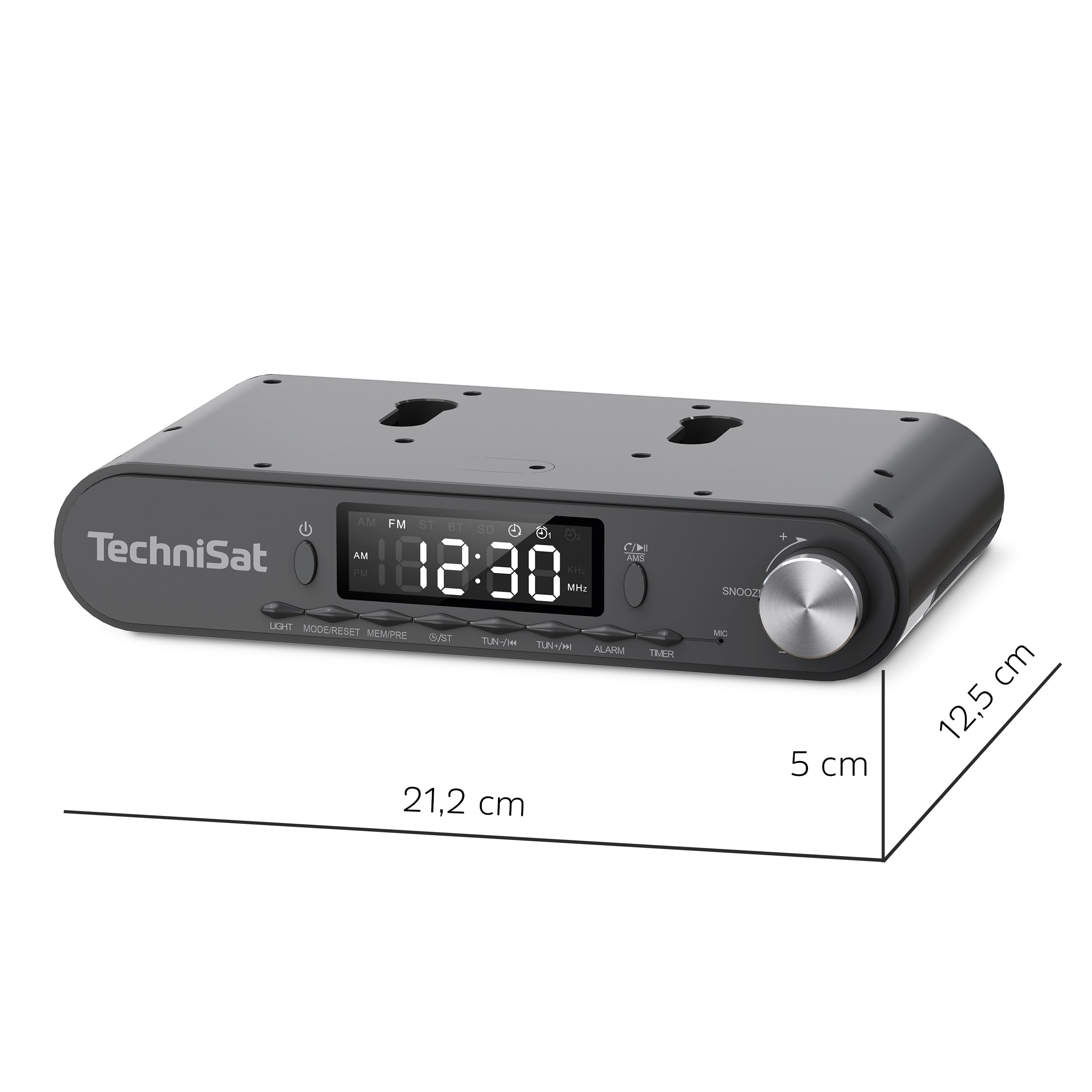 Schwarzes TechniSat Radio mit digitalem Display, Tasten und Drehregler, inklusive Maßangaben.
