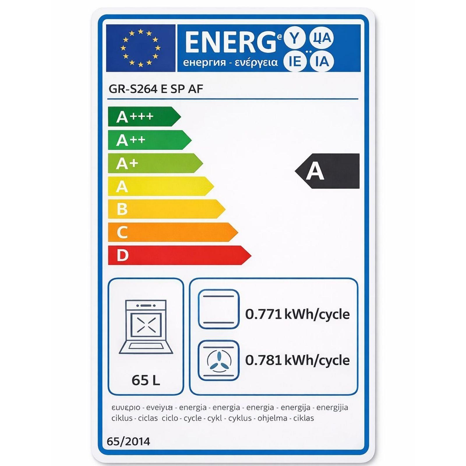 Ev aletleri için AB enerji verimliliği etiketi, A sınıfı ve 65 litre kapasite.