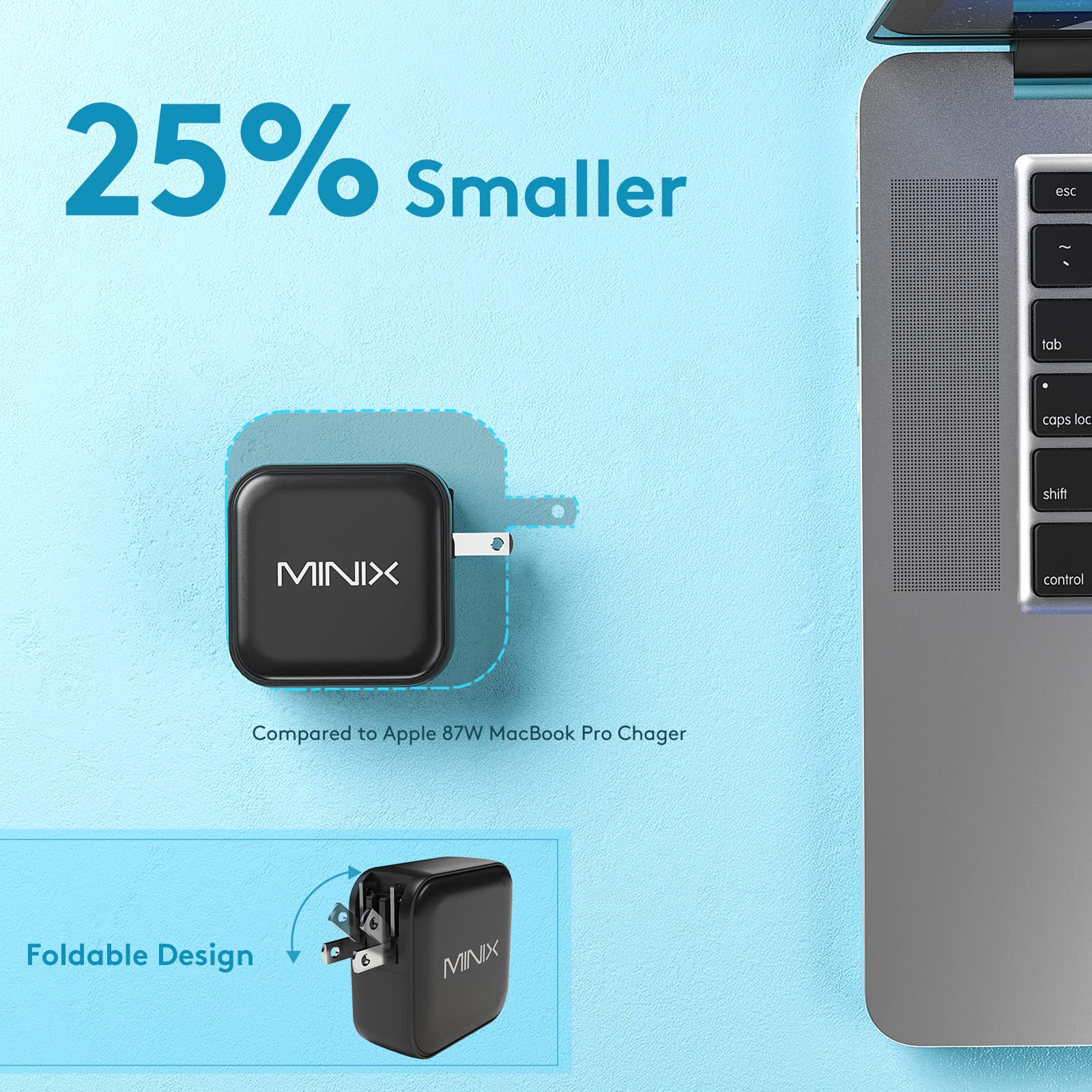 Caricabatterie Minix nero con design pieghevole, più piccolo del 25% rispetto al MacBook.