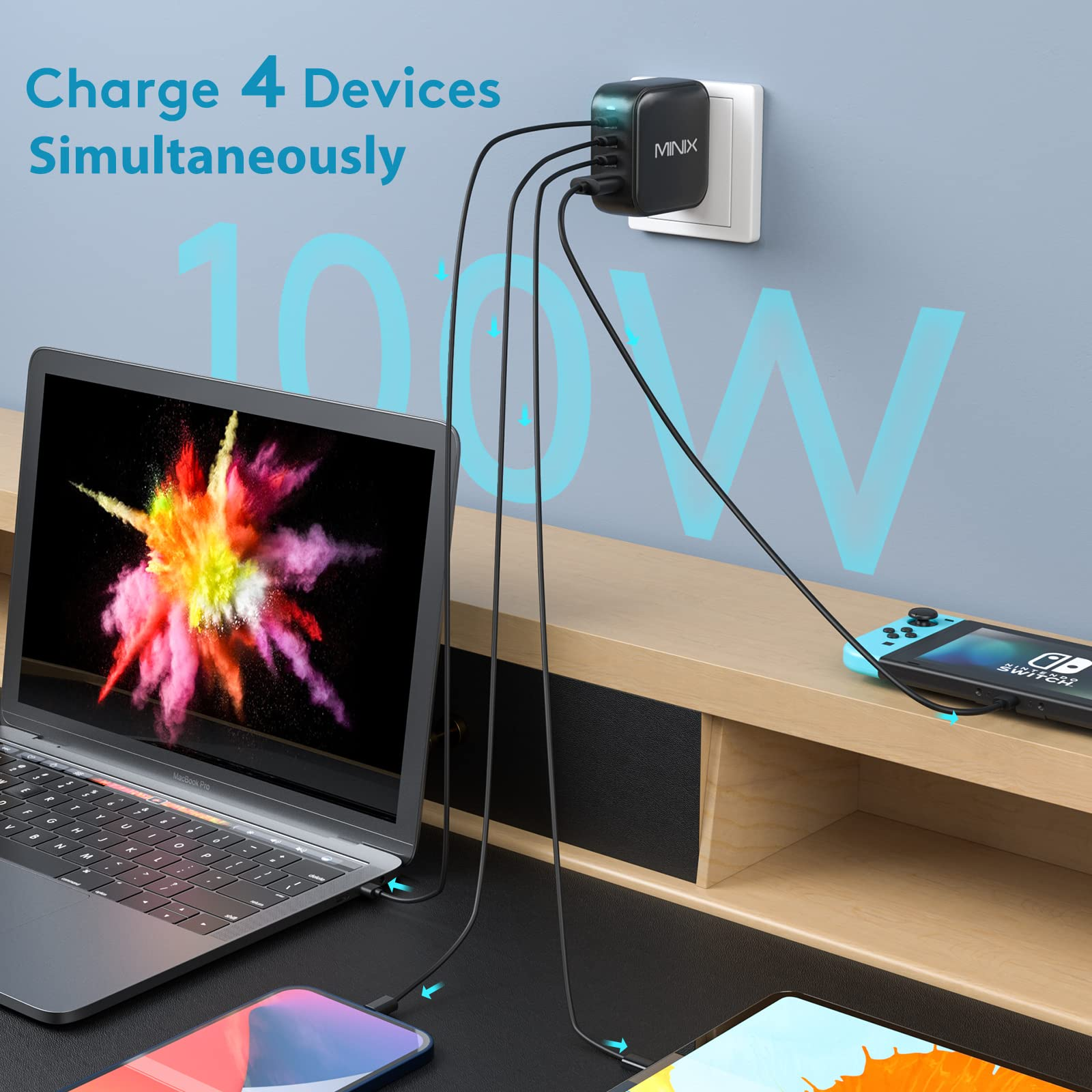 Un caricatore da muro da 100W carica contemporaneamente laptop, smartphone, tablet e console di gioco.