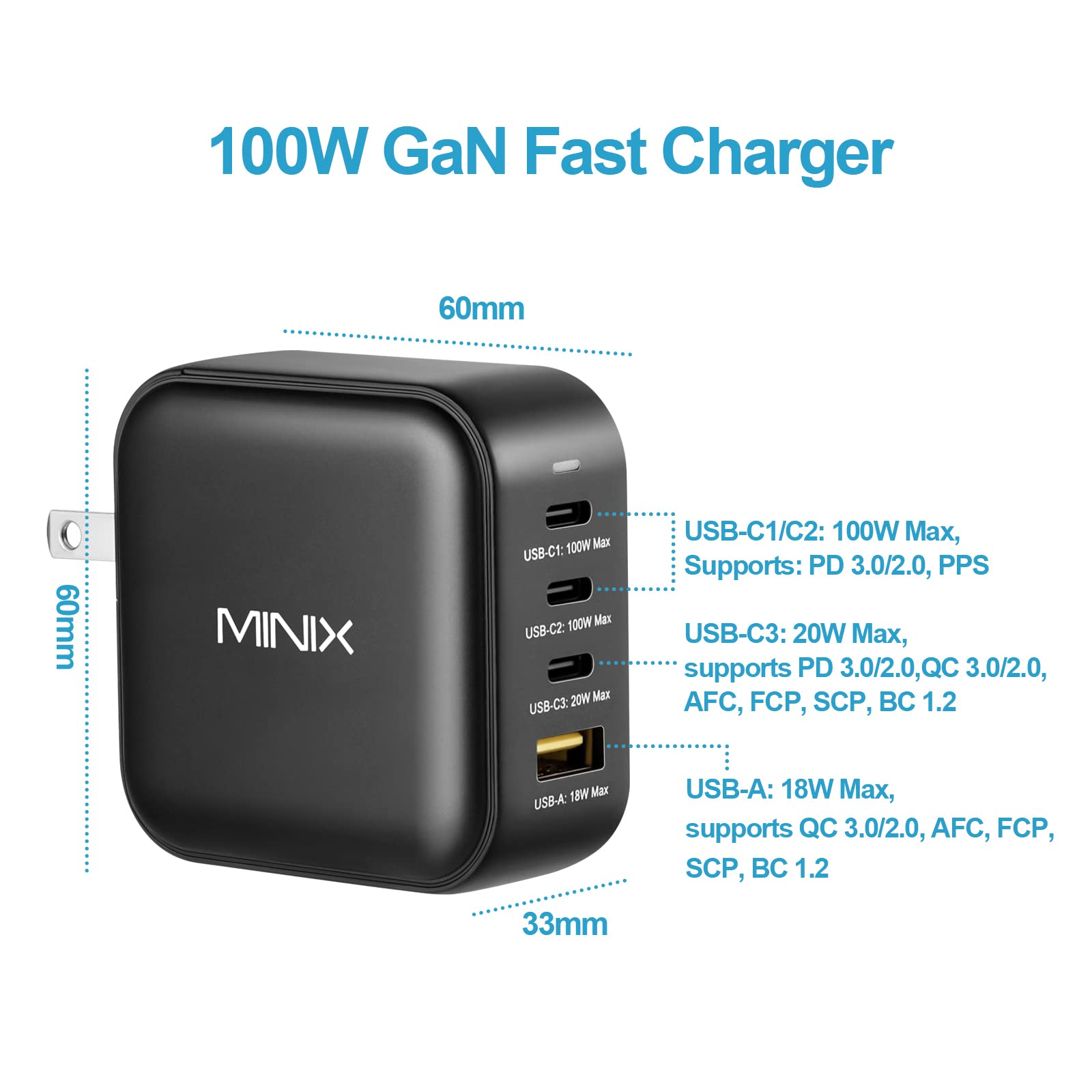 Caricatore rapido Minix 100W GaN con dimensioni e specifiche.
