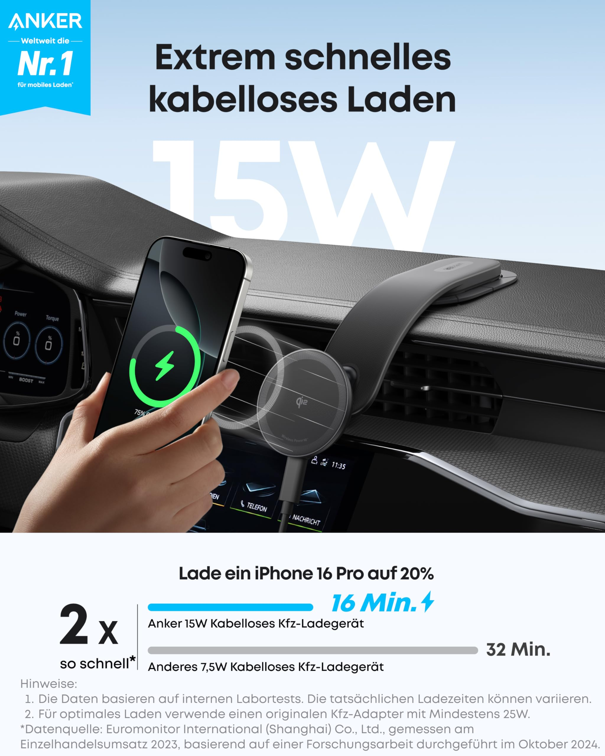 Handy auf einem kabellosen 15W Auto-Ladegerät mit Ladezeitvergleich.