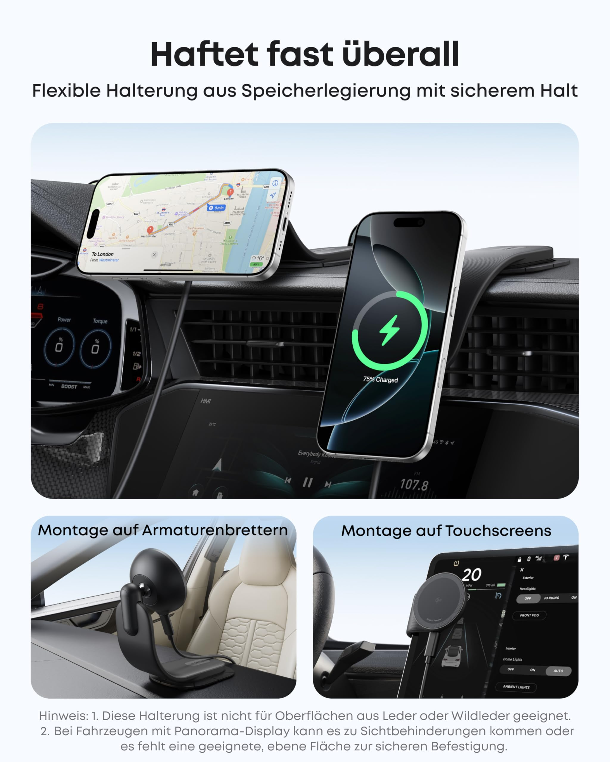 Flexible Smartphone-Halterung für Armaturenbretter und Touchscreens mit sicherem Halt im Auto.