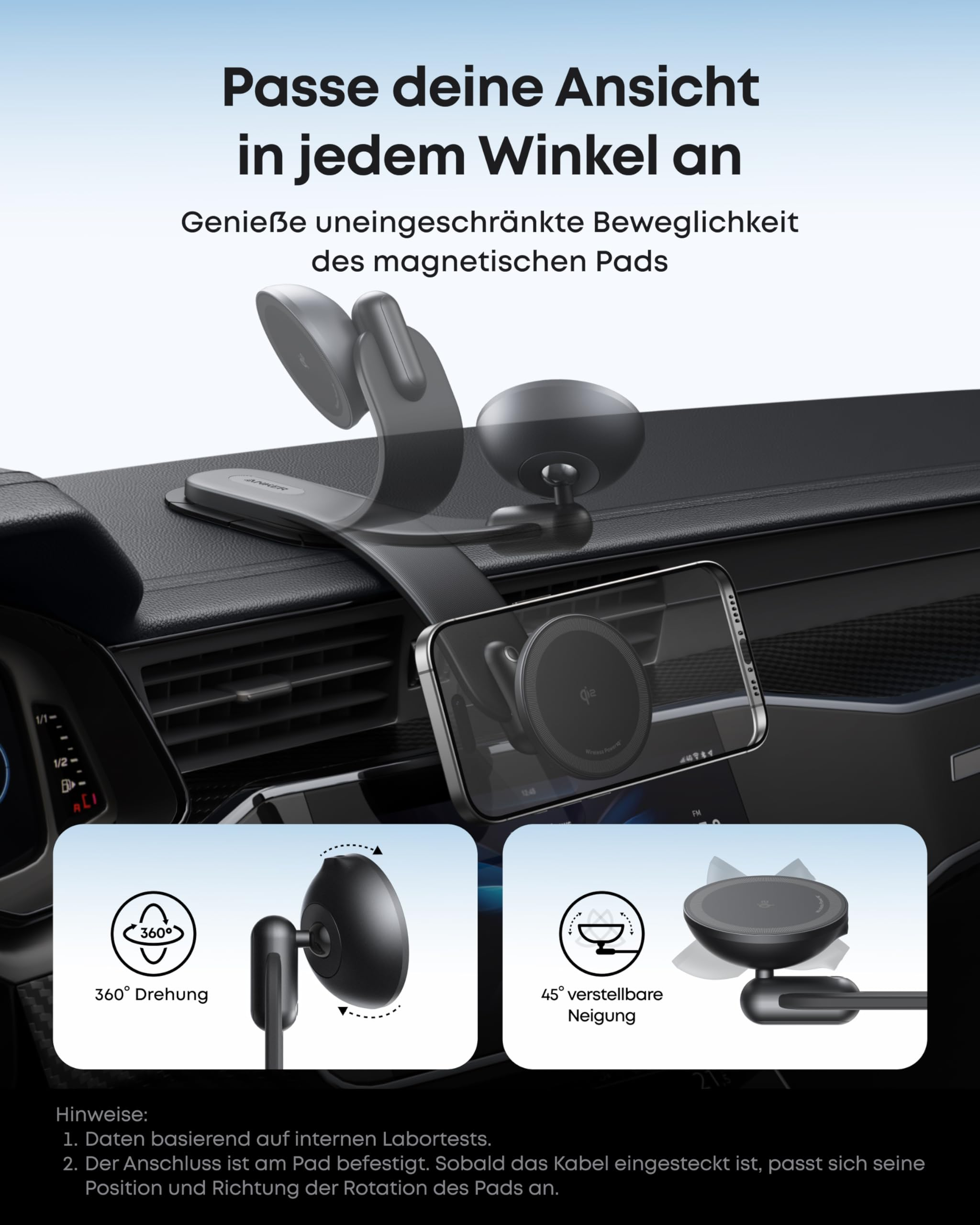 Magnetische Handyhalterung für Autos mit 360-Grad-Drehung und verstellbarer Neigung auf einem Armaturenbrett.