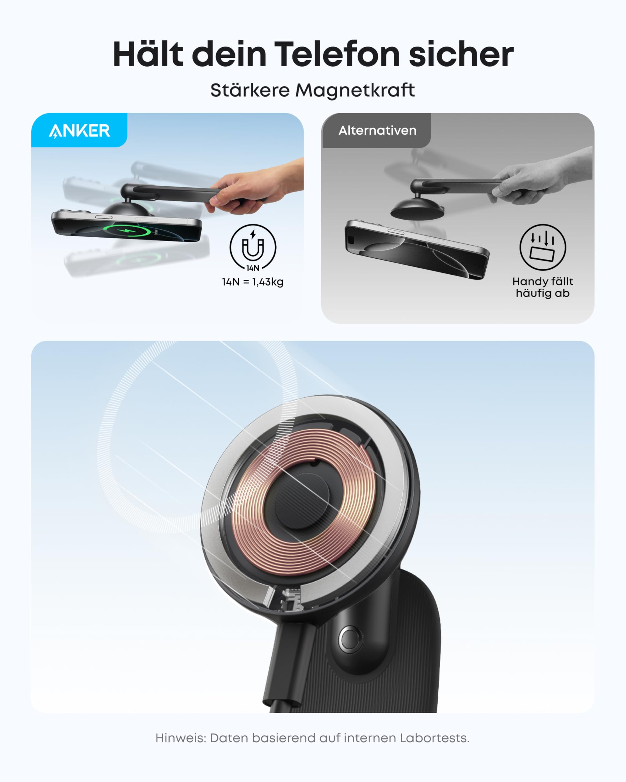 Anker-Werbung vergleicht starke Magnetkraft mit schwächeren Alternativen und zeigt kabelloses Laden.