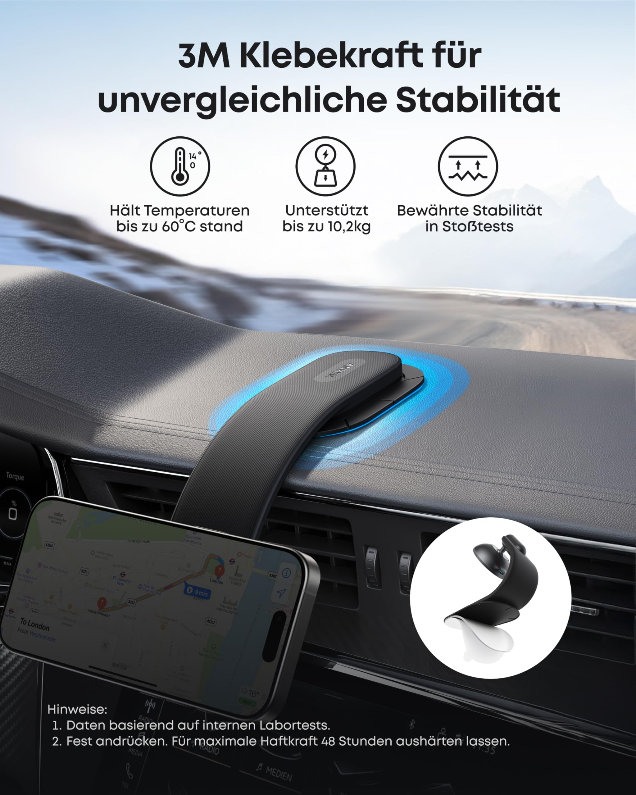 Autohalterung mit 3M-Kleber auf Armaturenbrett, hält bis 10,2 kg.