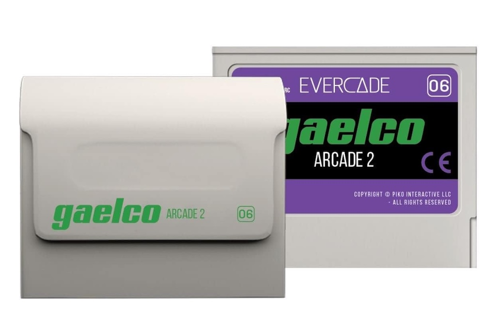 Karta do gry Evercade Gaelco Arcade 2 z białą obudową oraz fioletowo-czarną etykietą.
