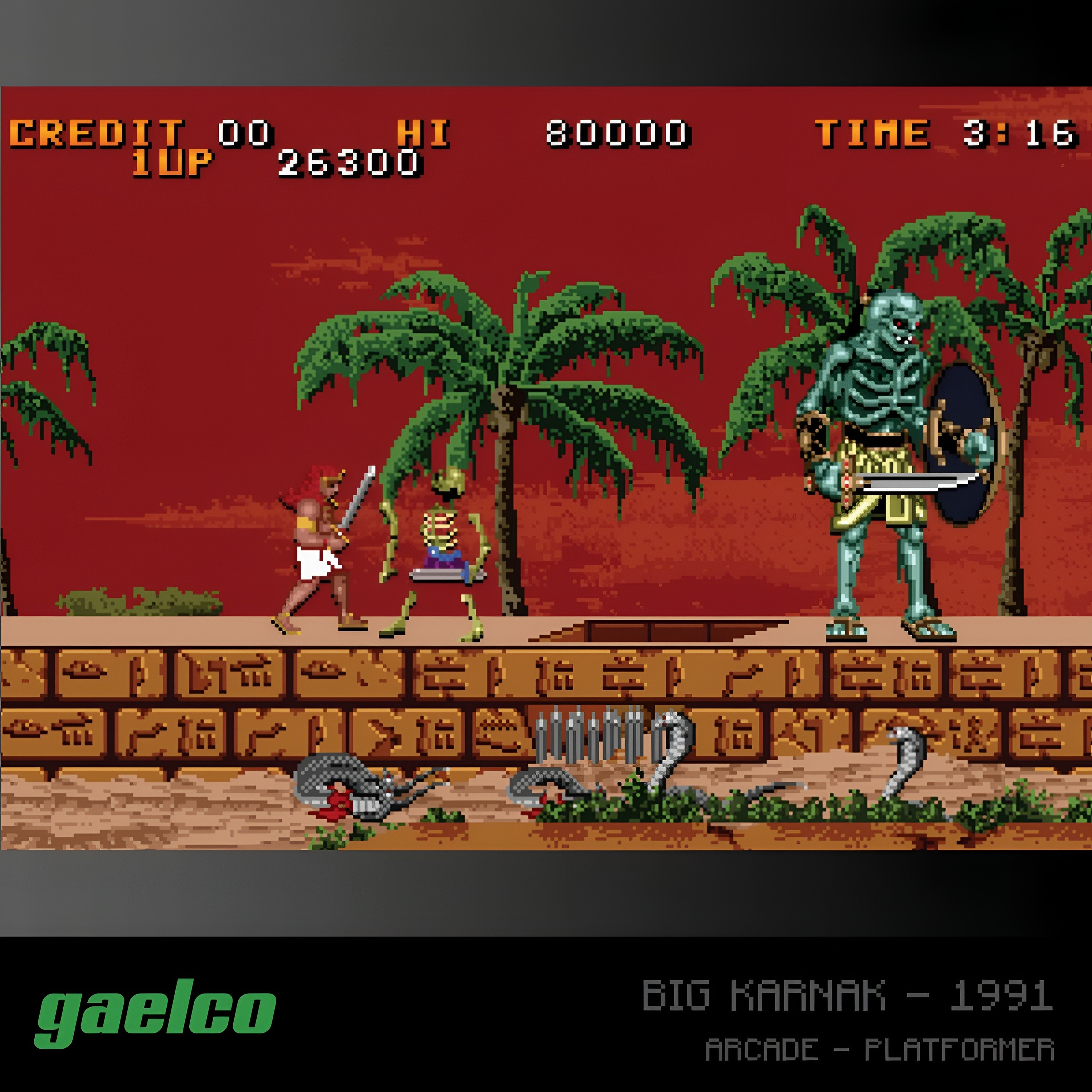 Gra z 1991 roku Big Karnak przedstawia wojownika, szkielety i olbrzyma w czerwonym krajobrazie.