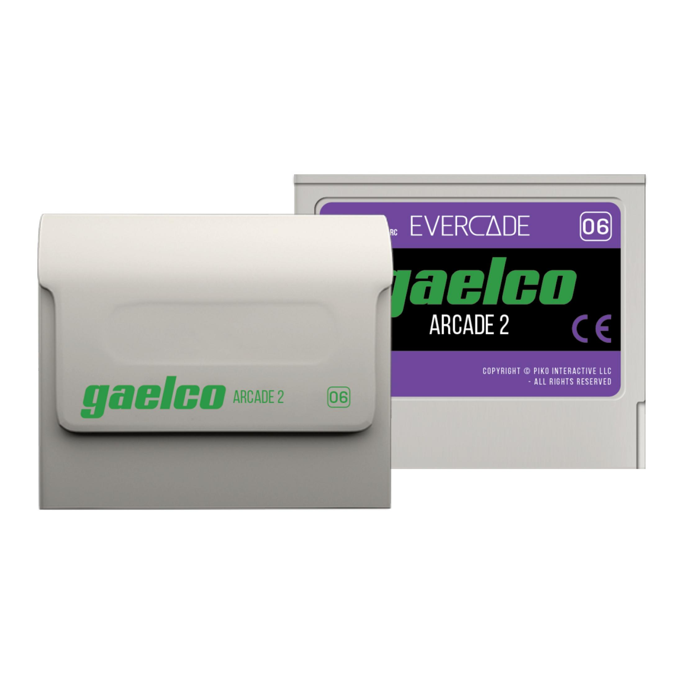 Karta do gry Evercade Gaelco Arcade 2 w szarym etui ochronnym, z zielonym logo na białym tle.