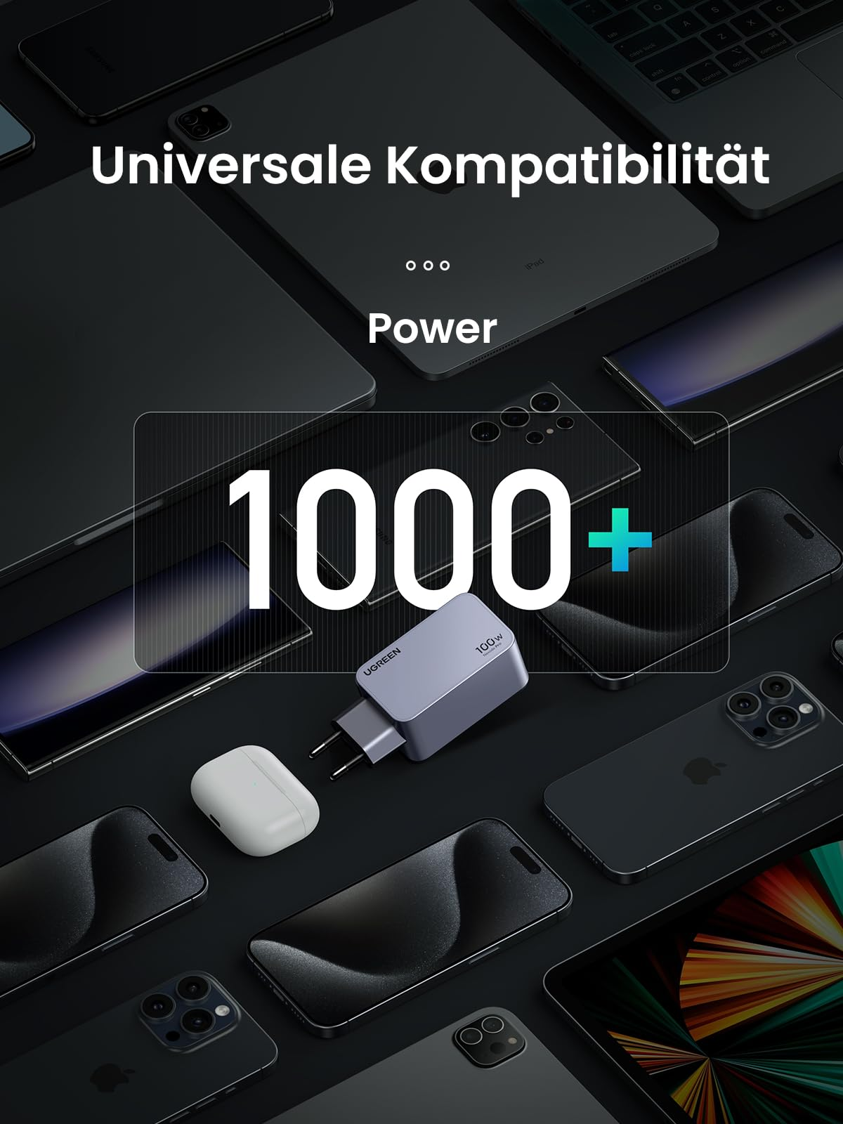 Caricabatterie Ugreen circondato da vari smartphone, tablet e auricolari su sfondo scuro.