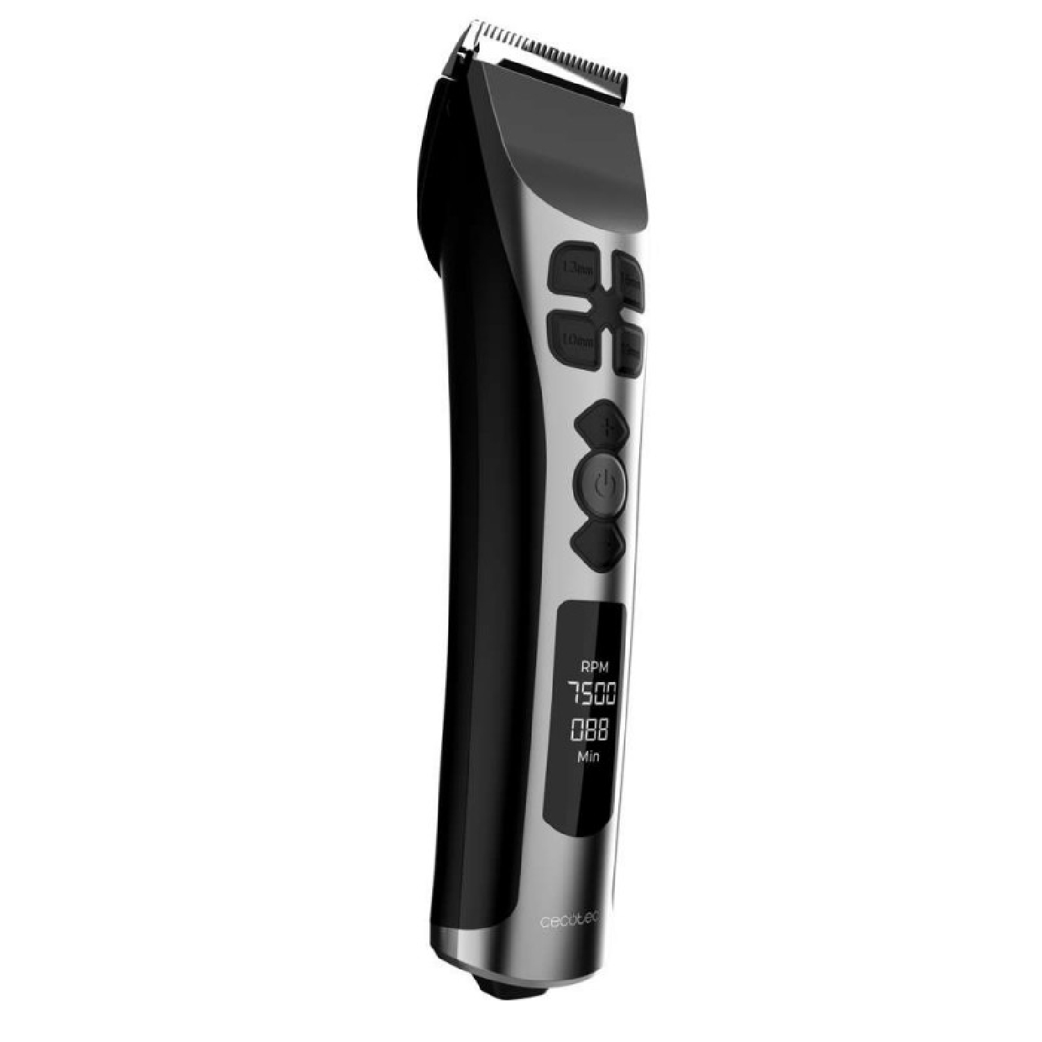 Tagliacapelli elettrico nero e argento con display digitale e pulsanti.