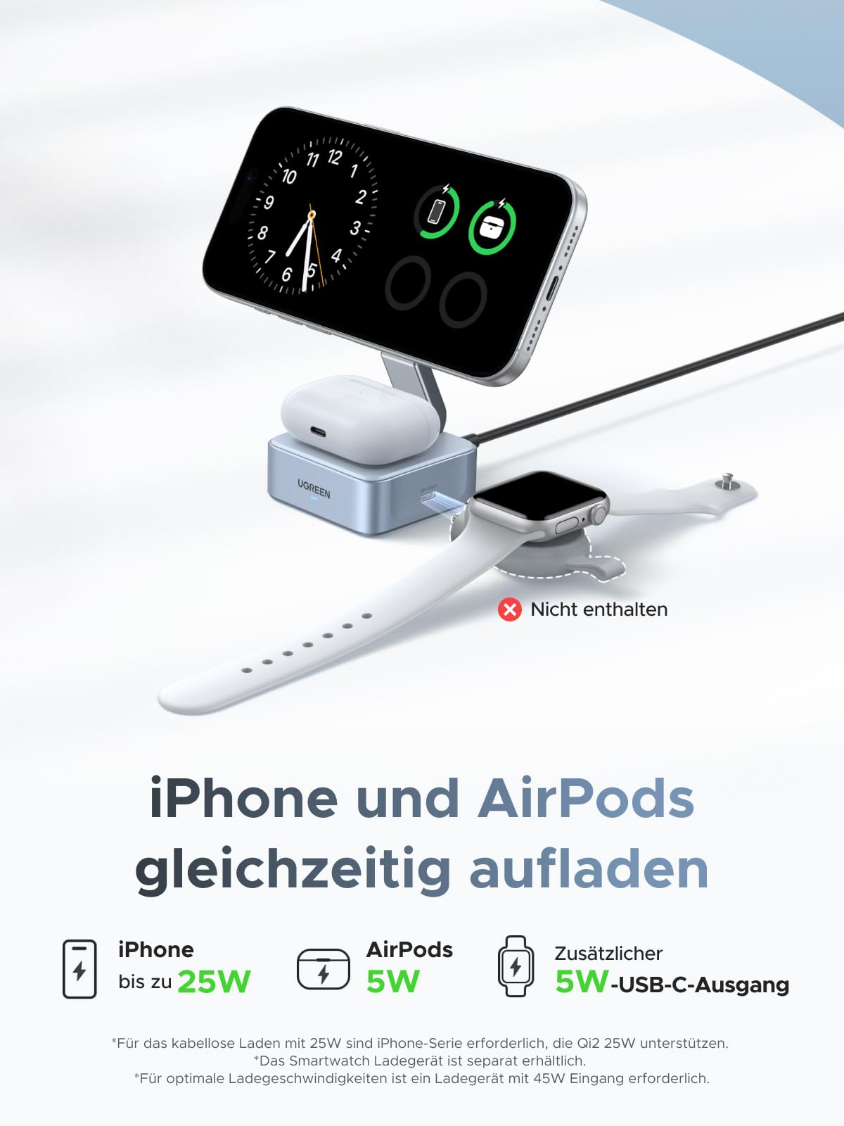 Stazione di ricarica Ugreen con iPhone, AirPods e supporto per smartwatch su sfondo bianco.