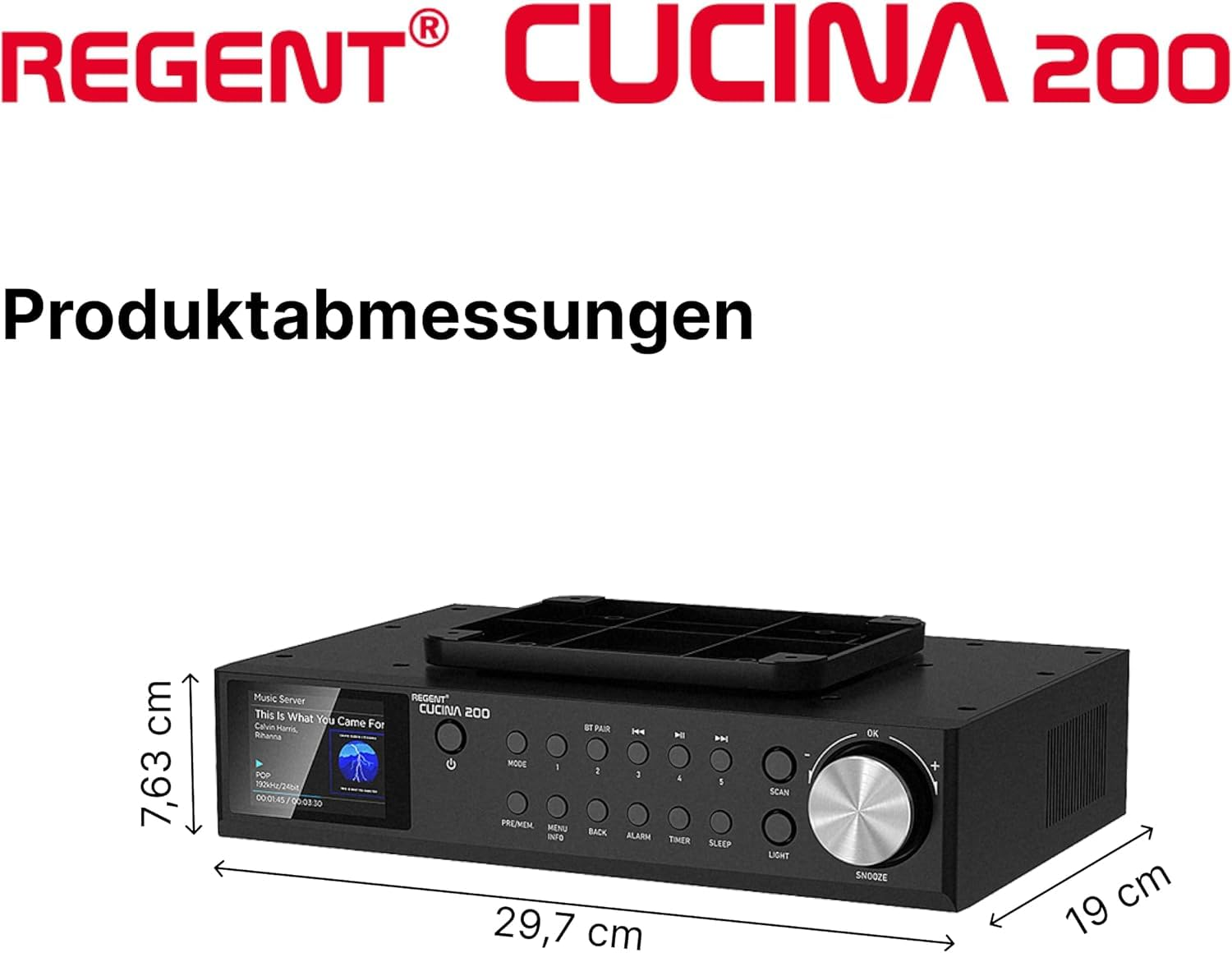 Produktabmessungen des Regent Cucina 200 Radios: 29,7 cm breit, 7,63 cm hoch und 19 cm tief.