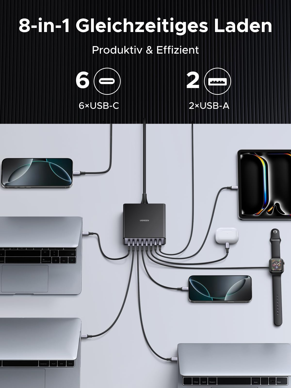 Ein 8-in-1 USB-Ladegerät lädt gleichzeitig Laptops, Tablets und Handys über USB-C und USB-A Anschlüsse.