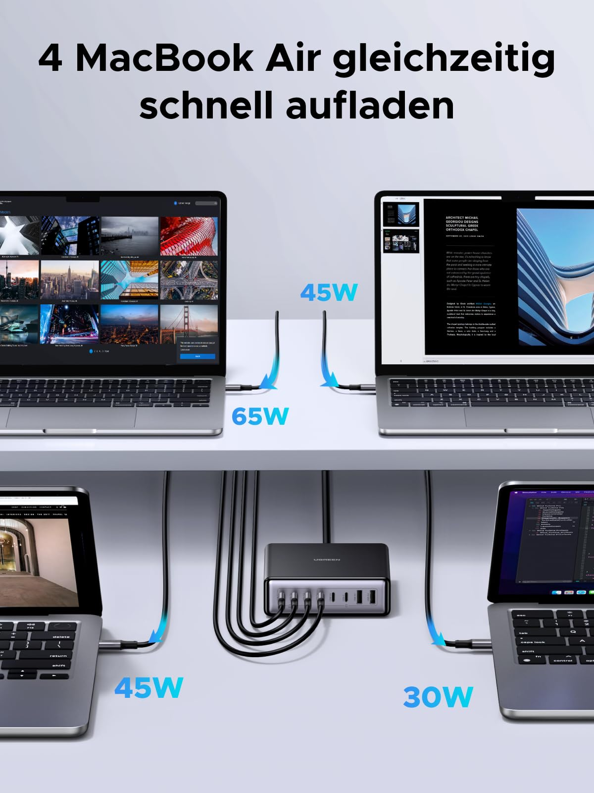 Ein Mehrfachladegerät versorgt vier Laptops gleichzeitig mit unterschiedlichen Wattzahlen.