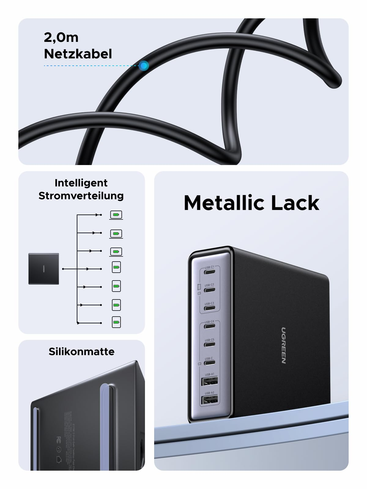 Ein schwarzes Ugreen-Ladegerät mit mehreren USB-Anschlüssen, Netzkabel, integrierter Stromverteilung und Silikonmatten.