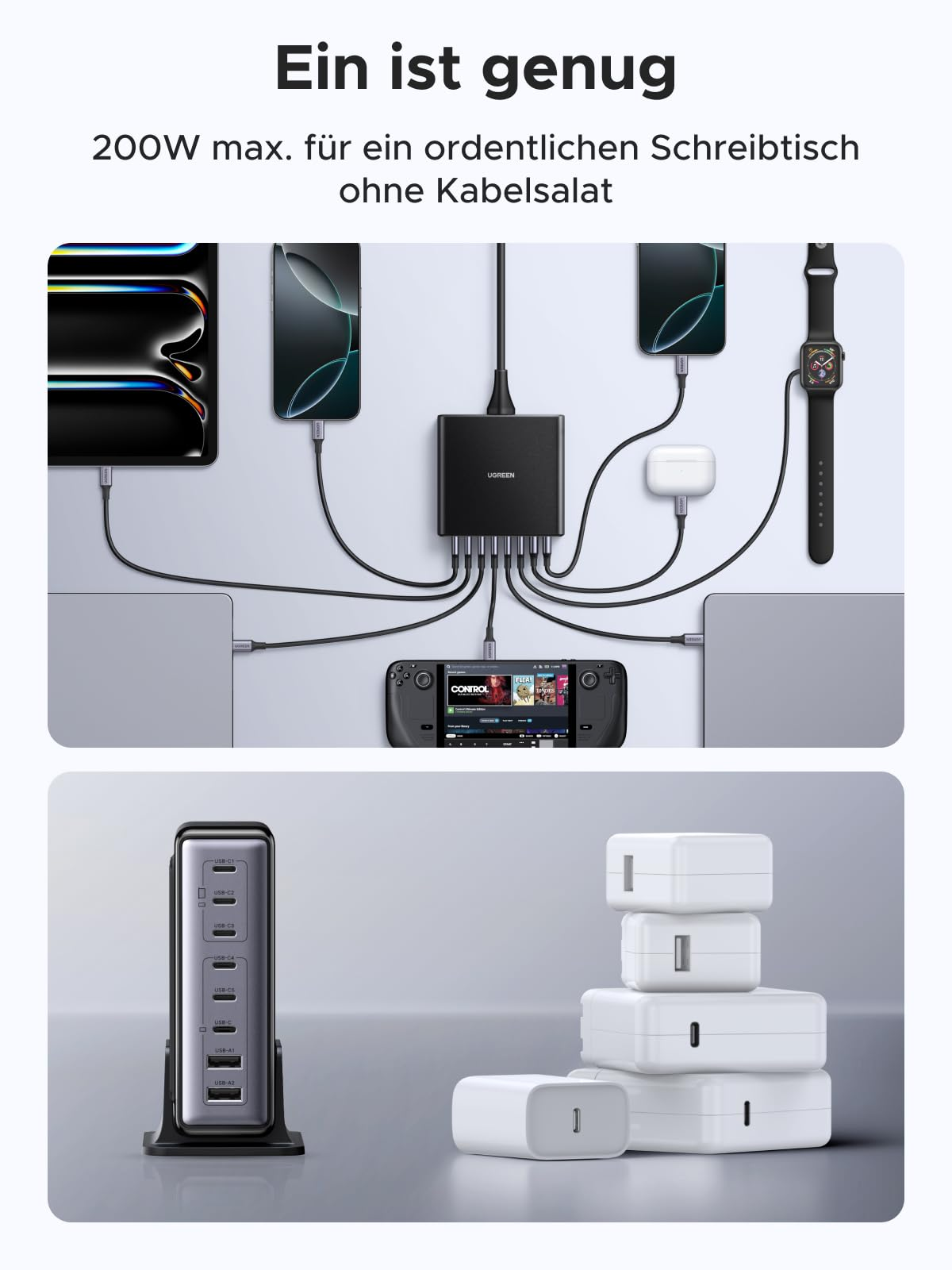 Ein USB-Mehrport-Ladegerät lädt mehrere Geräte im Vergleich zu vielen einzelnen Ladegeräten.