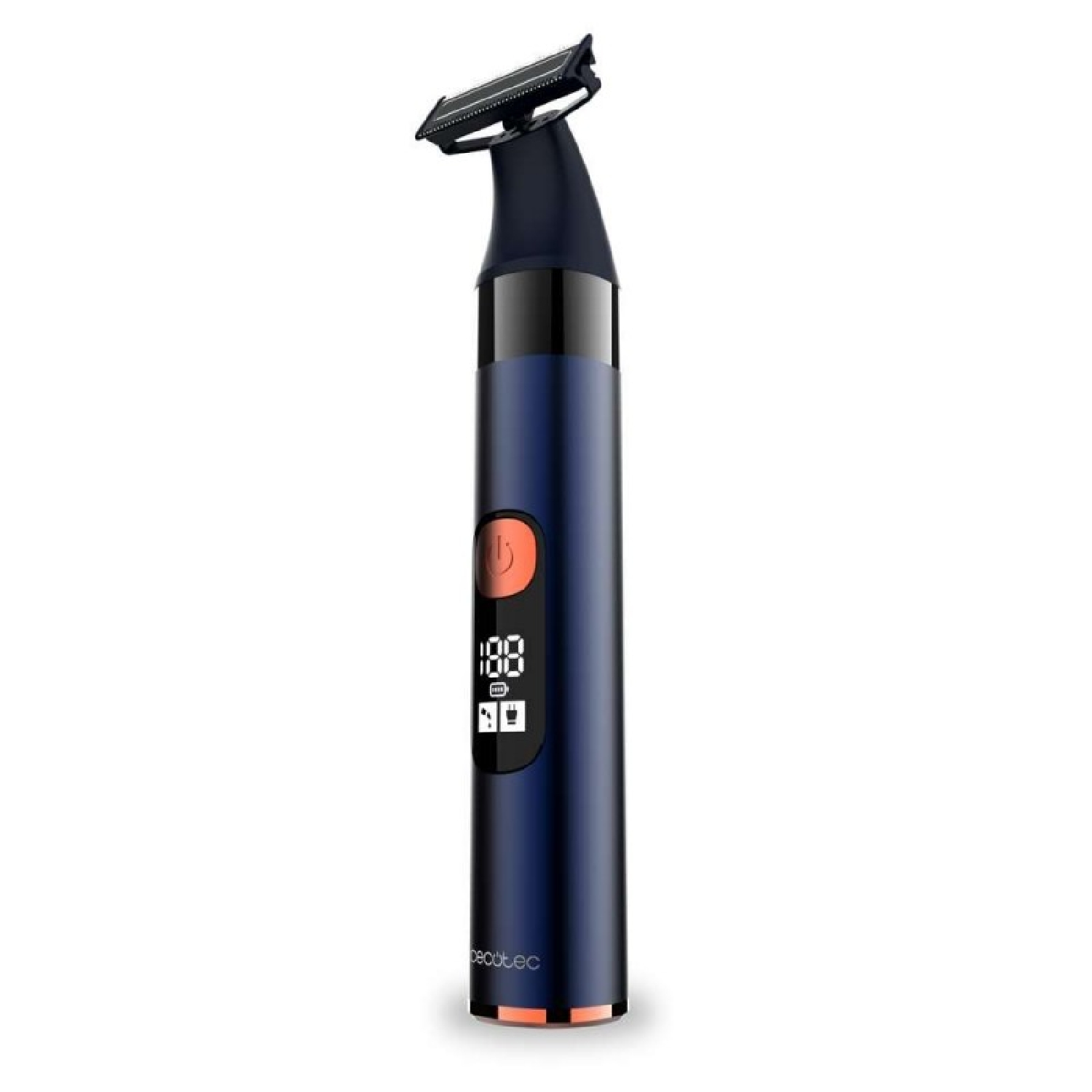 Rasoio elettrico blu e nero con display digitale, pulsante di accensione arancione e testina a forma di T.