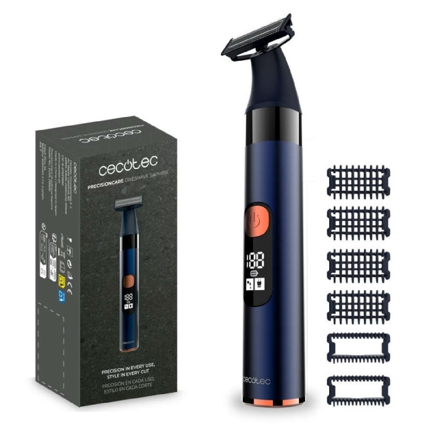 Un rasoio elettrico blu con accessori e scatola di imballaggio su sfondo bianco.