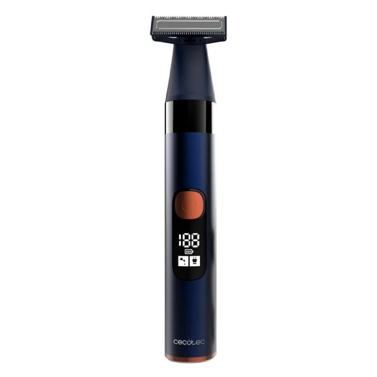 Un rasoio elettrico blu con pulsante color rame, display digitale e logo del marchio su sfondo bianco.