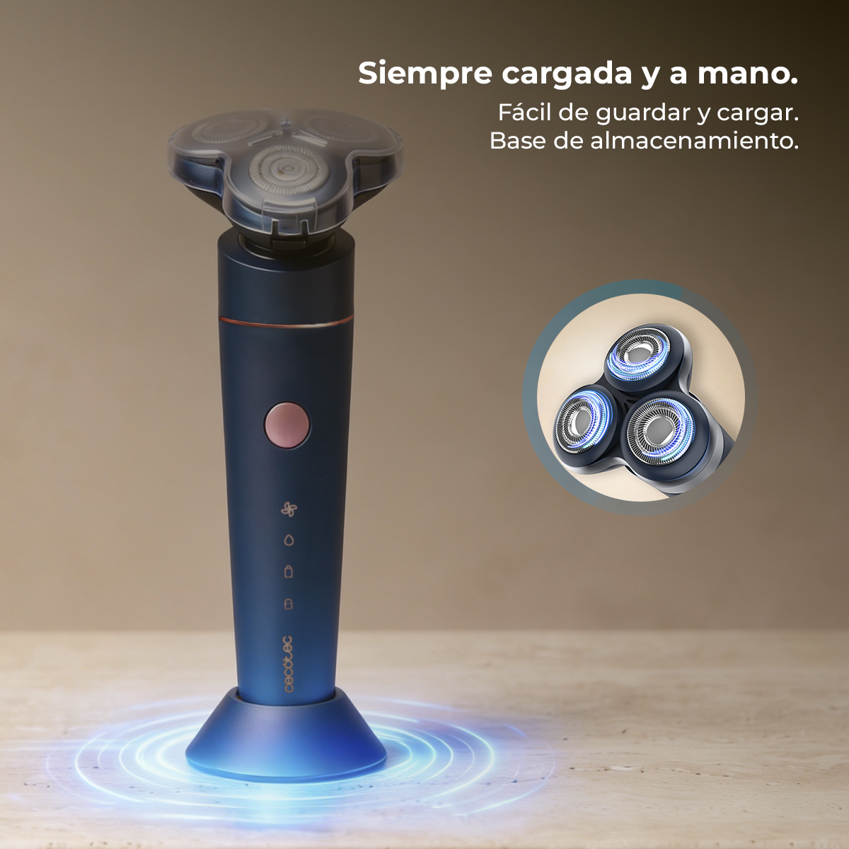 Afeitadora eléctrica azul en base de carga con luces y detalle de cabezal.