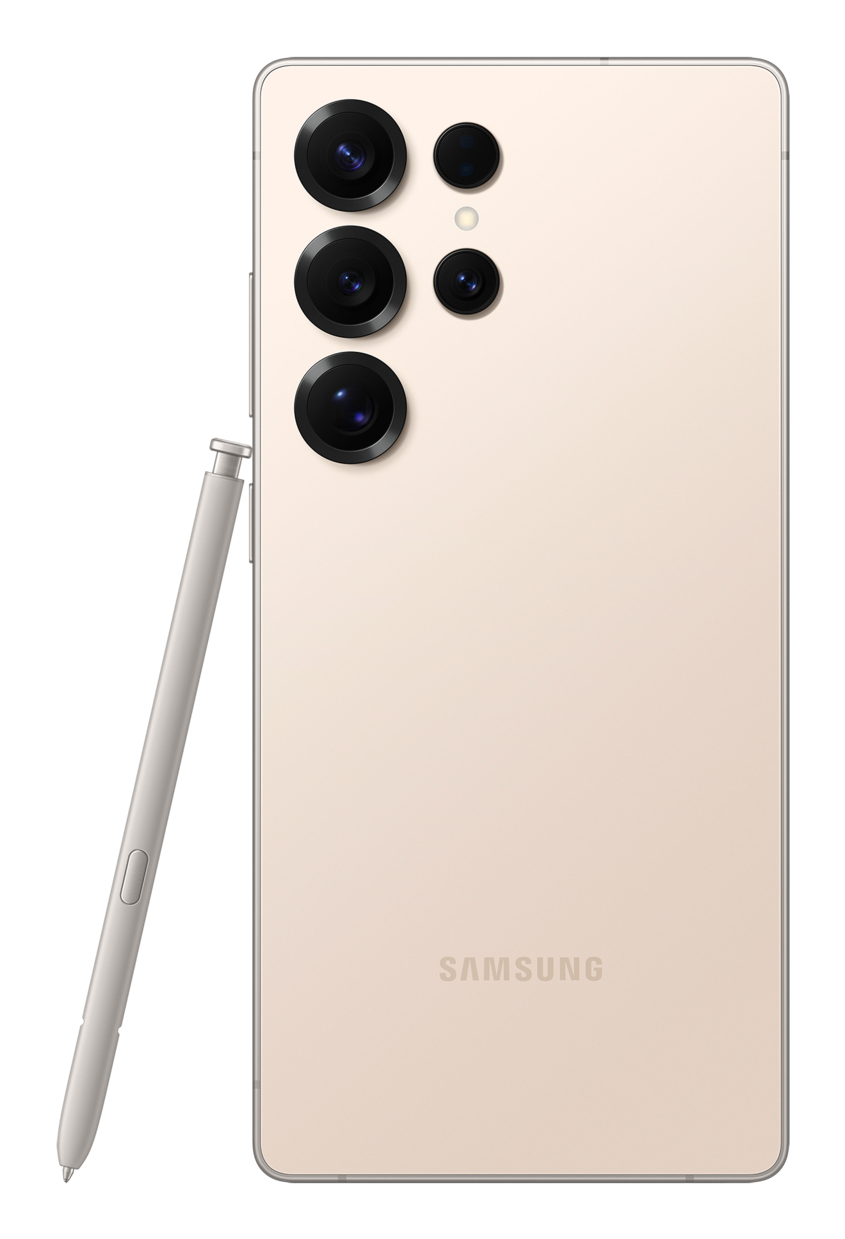 Rückseite eines beigen Samsung-Smartphones mit fünf Kameras und einem Stift.