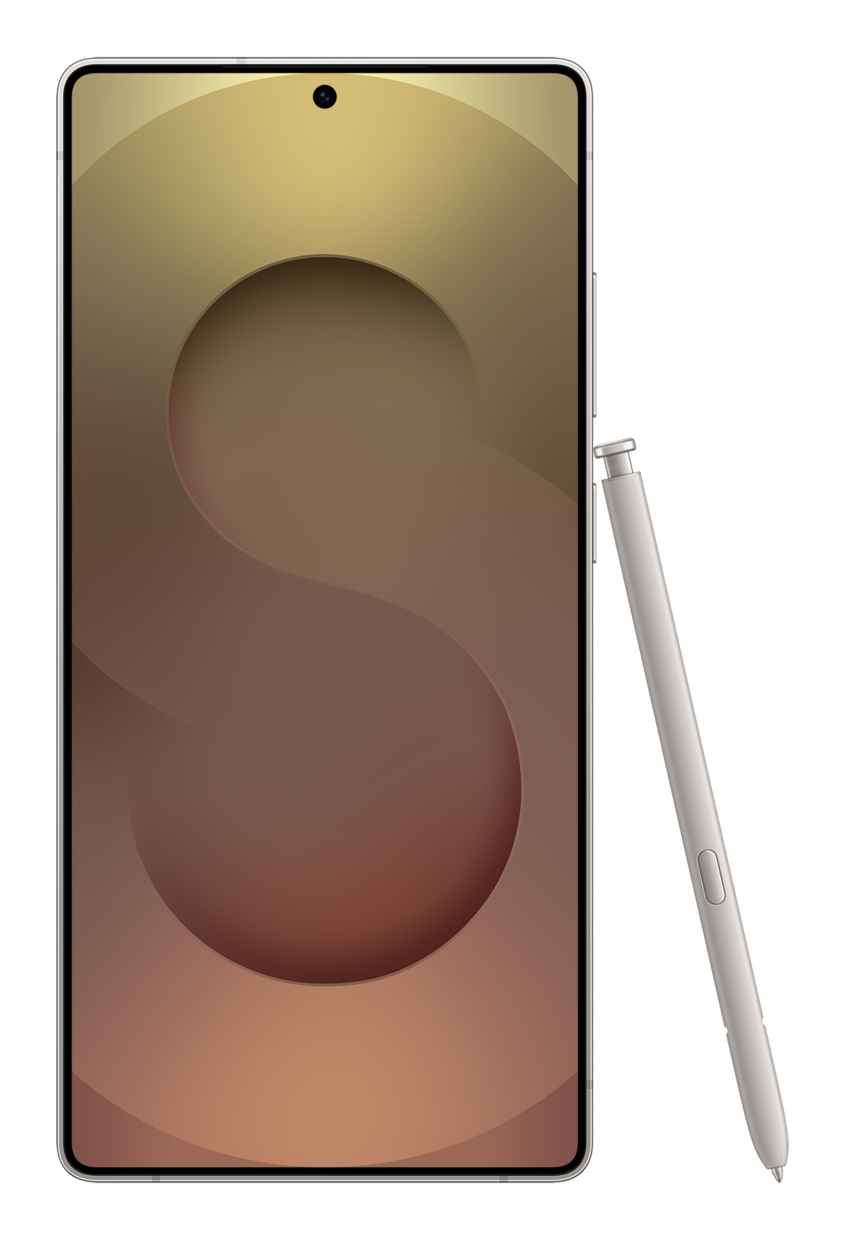 Ein Smartphone mit goldenem Farbverlauf und S-Form-Bildschirm, begleitet von einem Stift auf weißem Hintergrund.