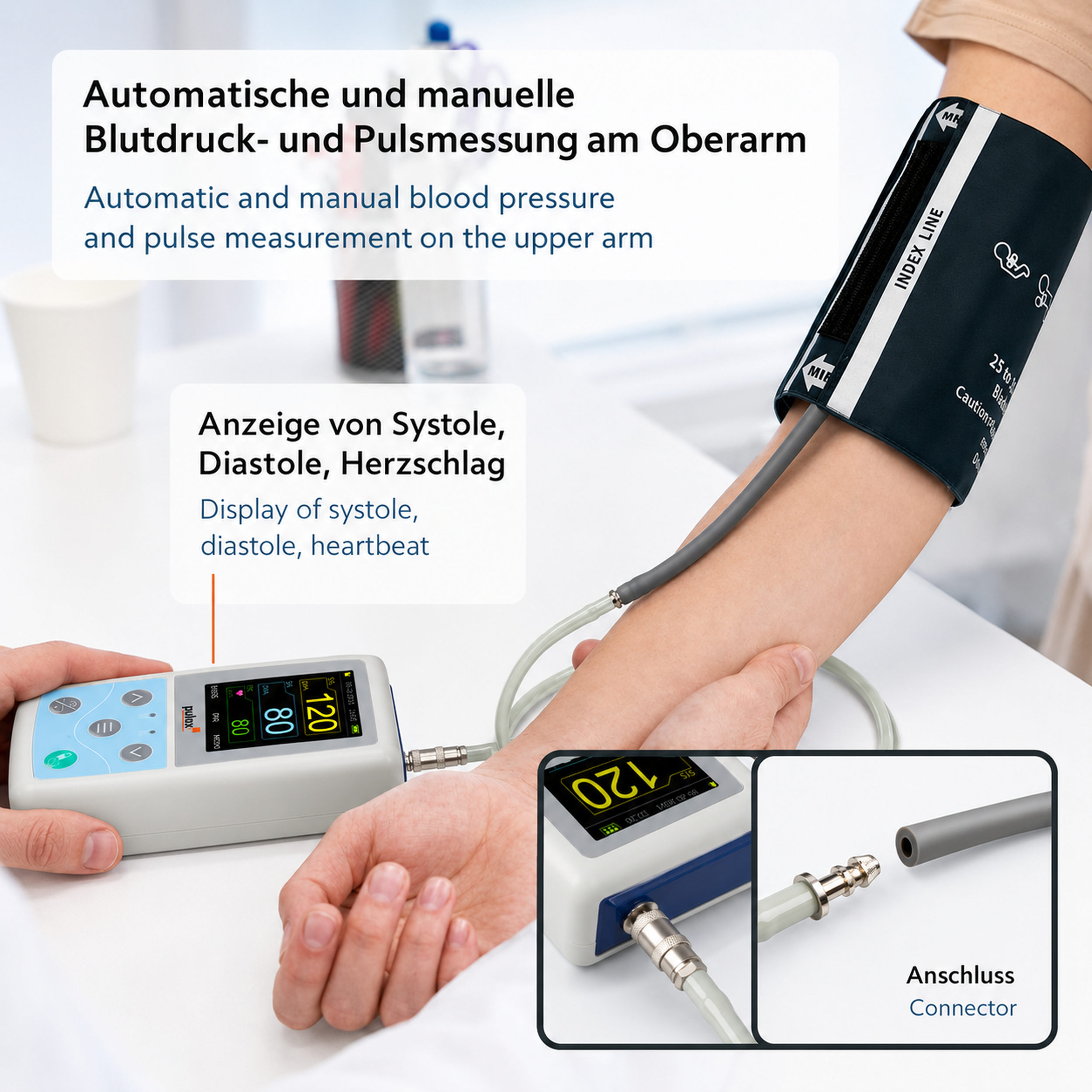 Arm mit Blutdruckmanschette und Digitalmessgerät, Textoverlay auf Deutsch und Englisch.