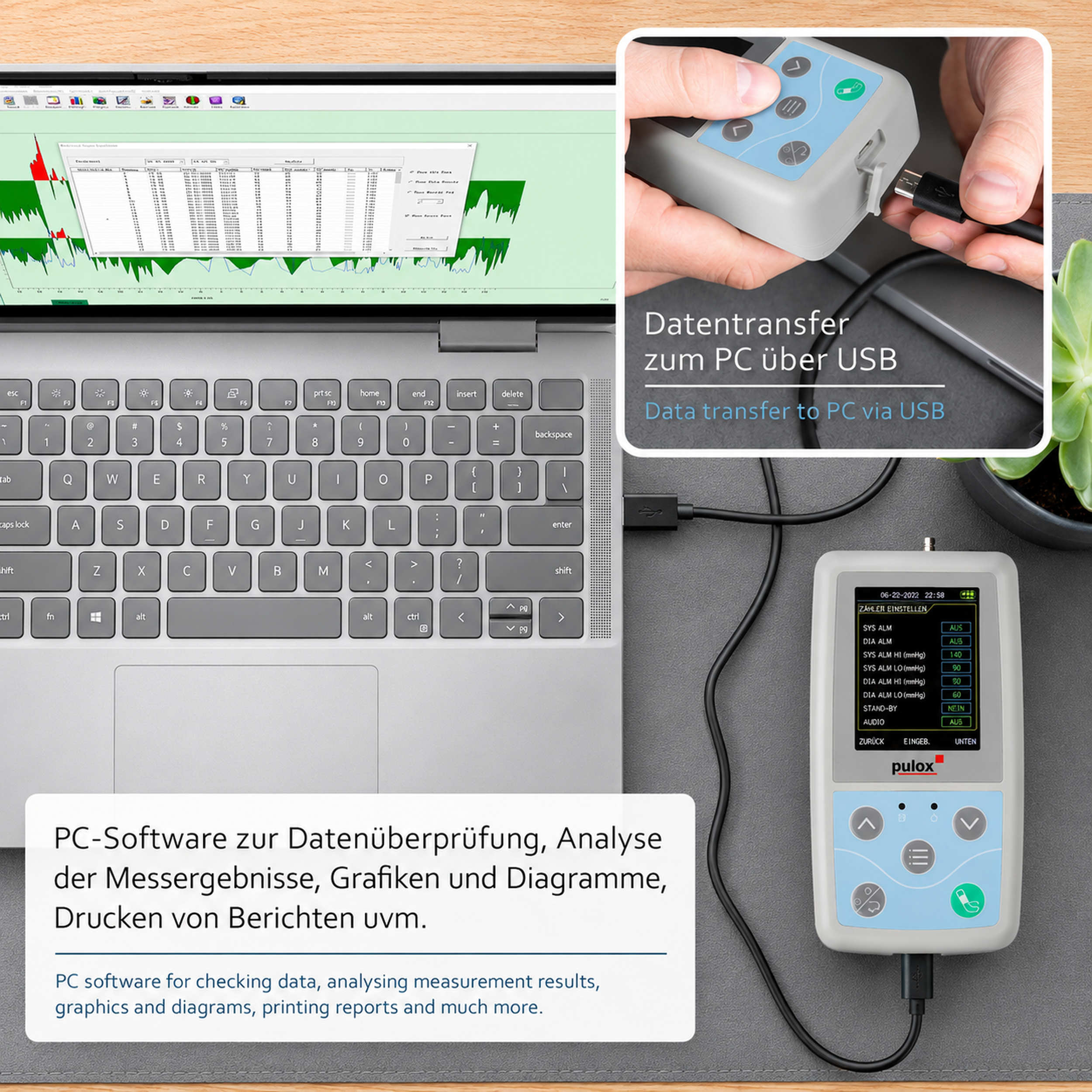 Ein Pulox-Gerät ist über USB mit einem Laptop verbunden, während eine PC-Software Diagramme anzeigt.
