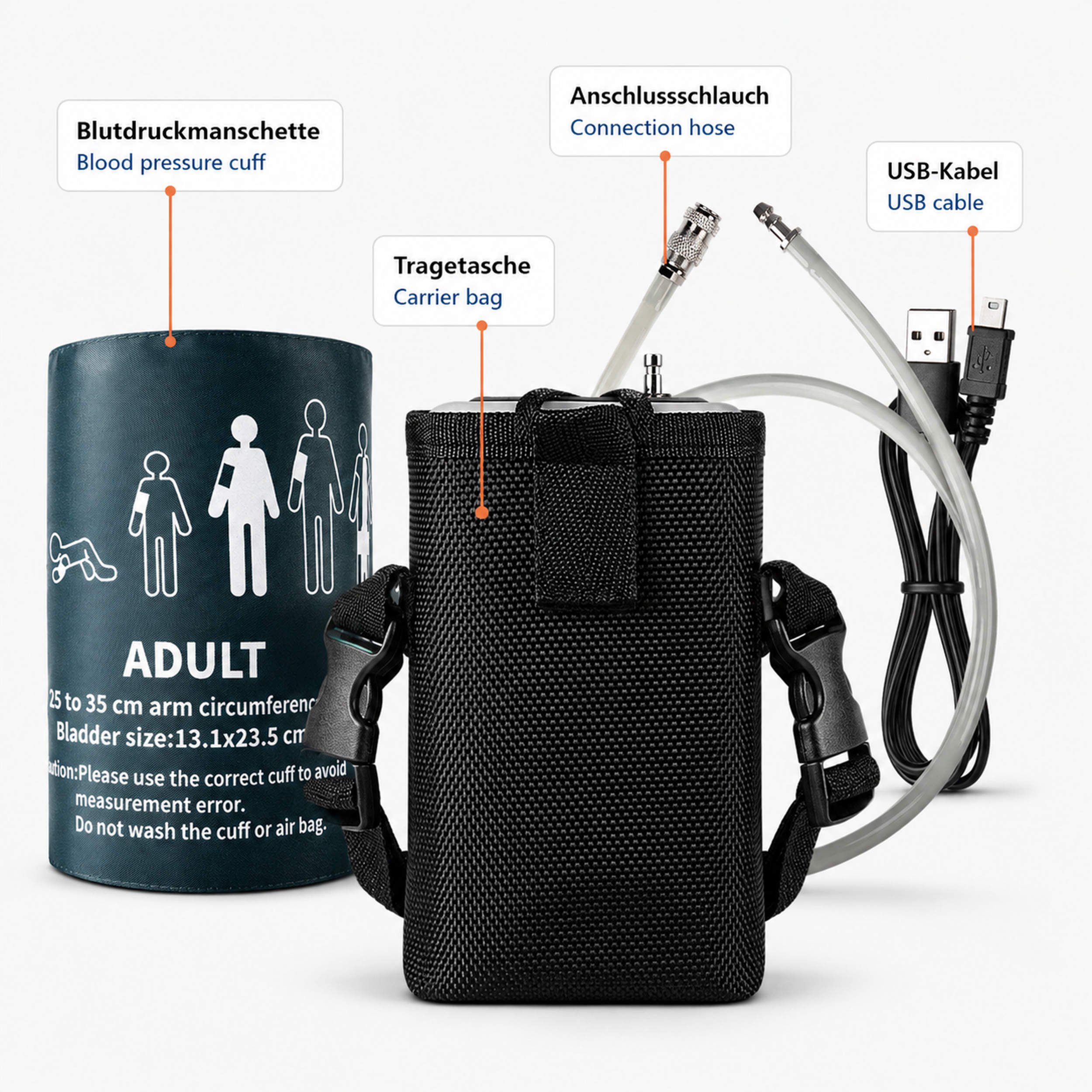 Blutdruckmanschette, Tragetasche, Anschlussschlauch und USB-Kabel mit deutsch-englischen Bezeichnungen.
