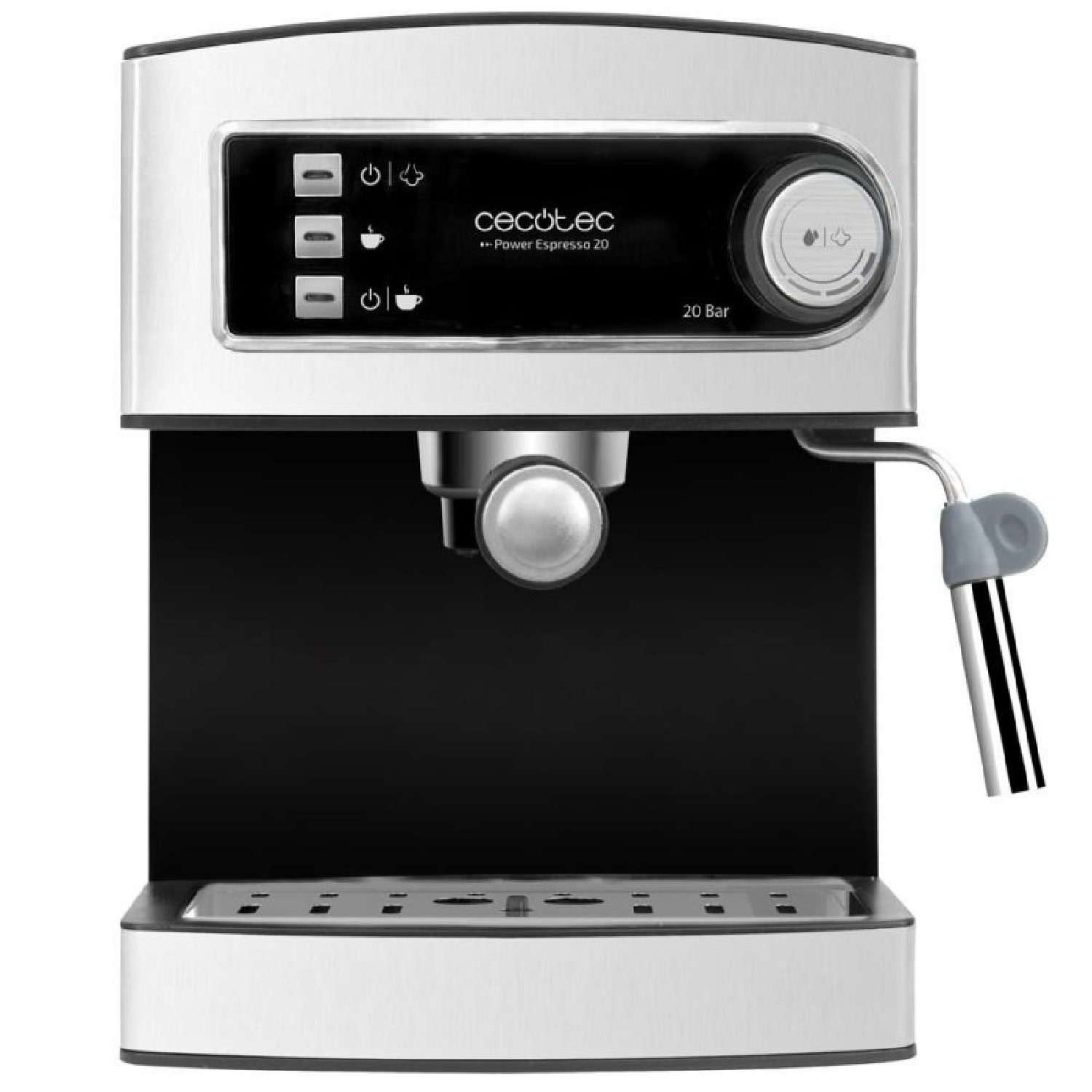 Cafetera moderna Cecotec Power Espresso 20 plateada y negra con vaporizador y panel de botones.