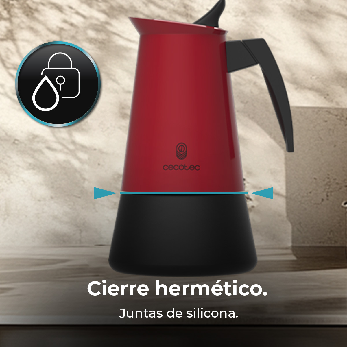 Cafetera roja con base y asa negras y el texto Cierre hermético.