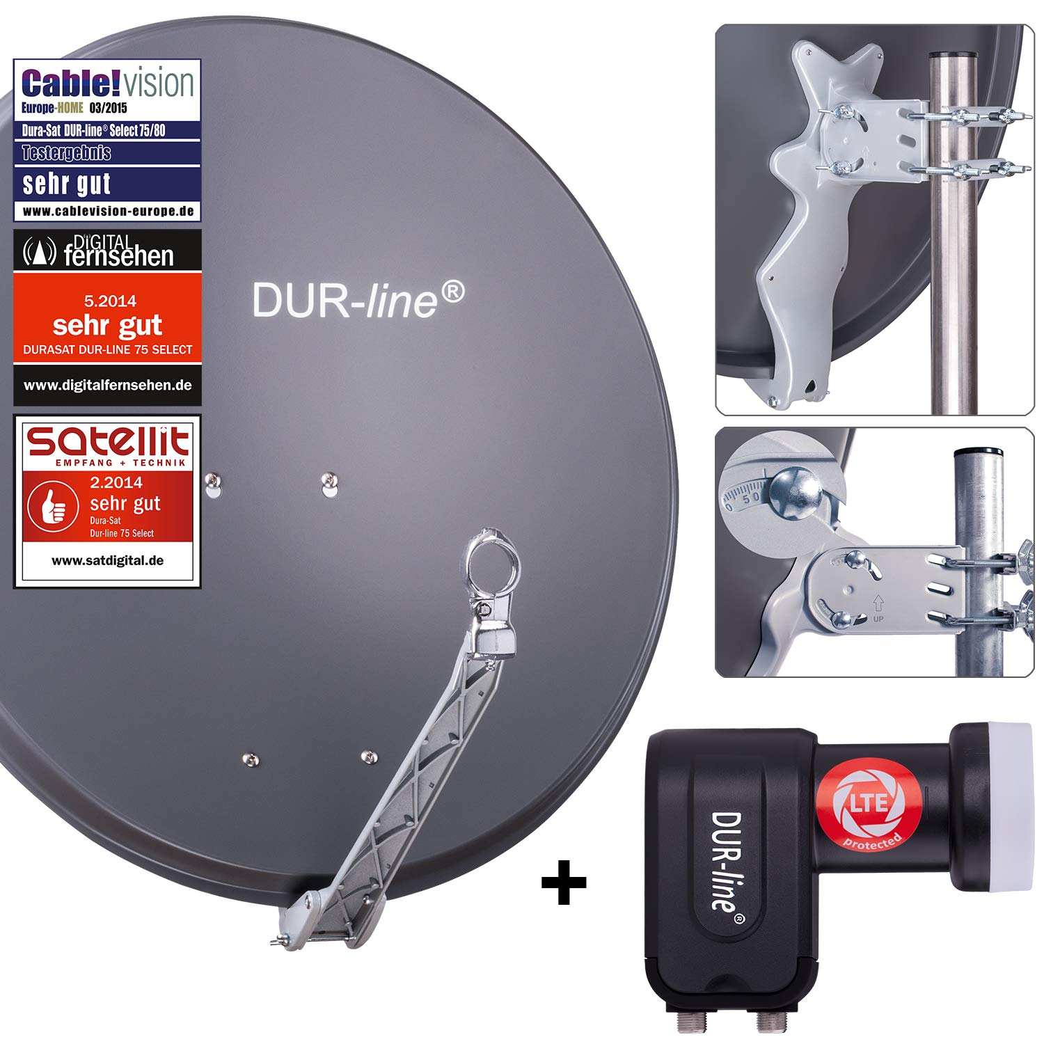 Graue DUR-line Satellitenschüssel mit Montagedetails, Testsiegeln und einem DUR-line LNB.