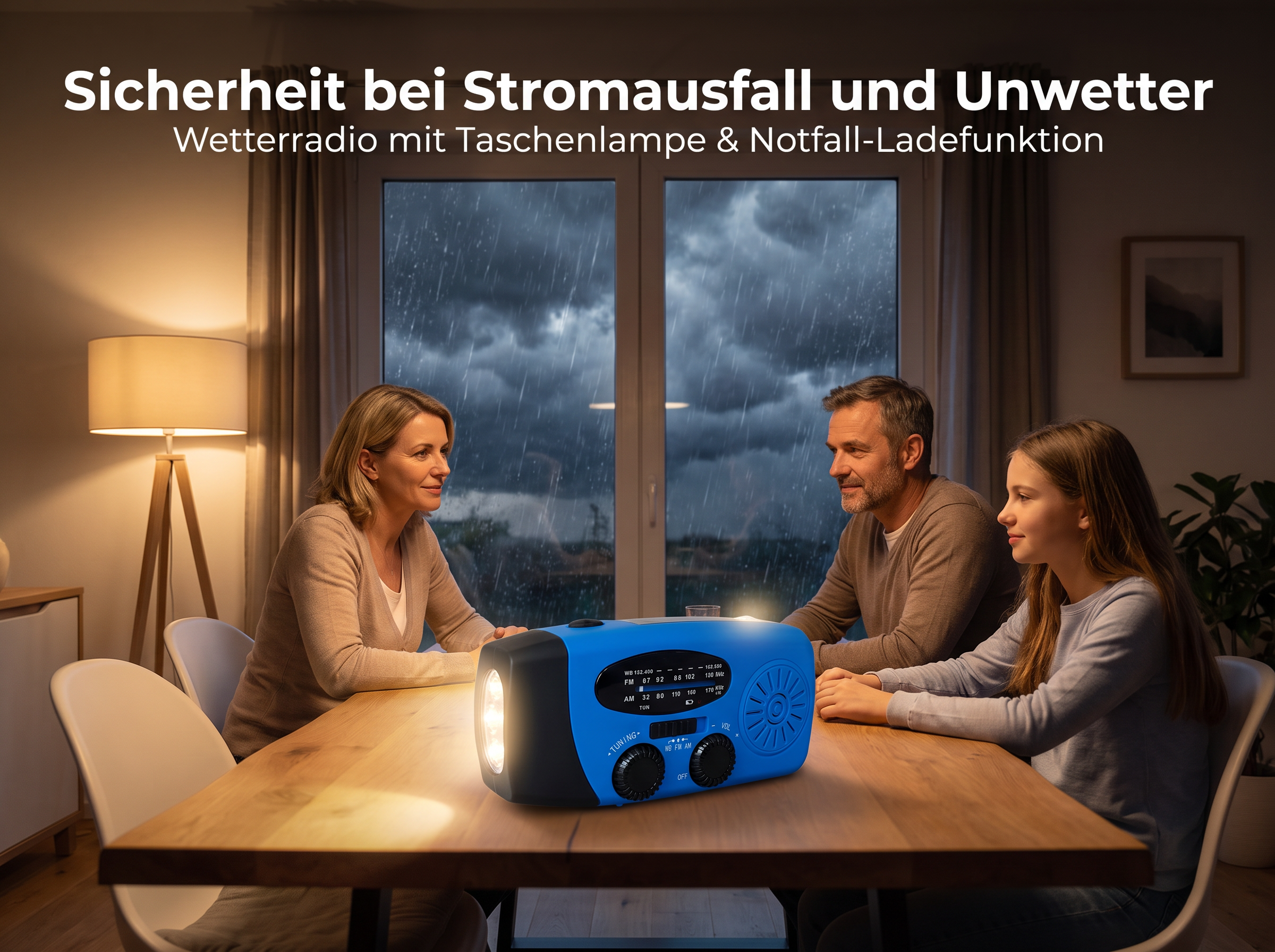 Eine Familie sitzt während eines Gewitters am Tisch und nutzt ein blaues Notfallradio mit Taschenlampe.