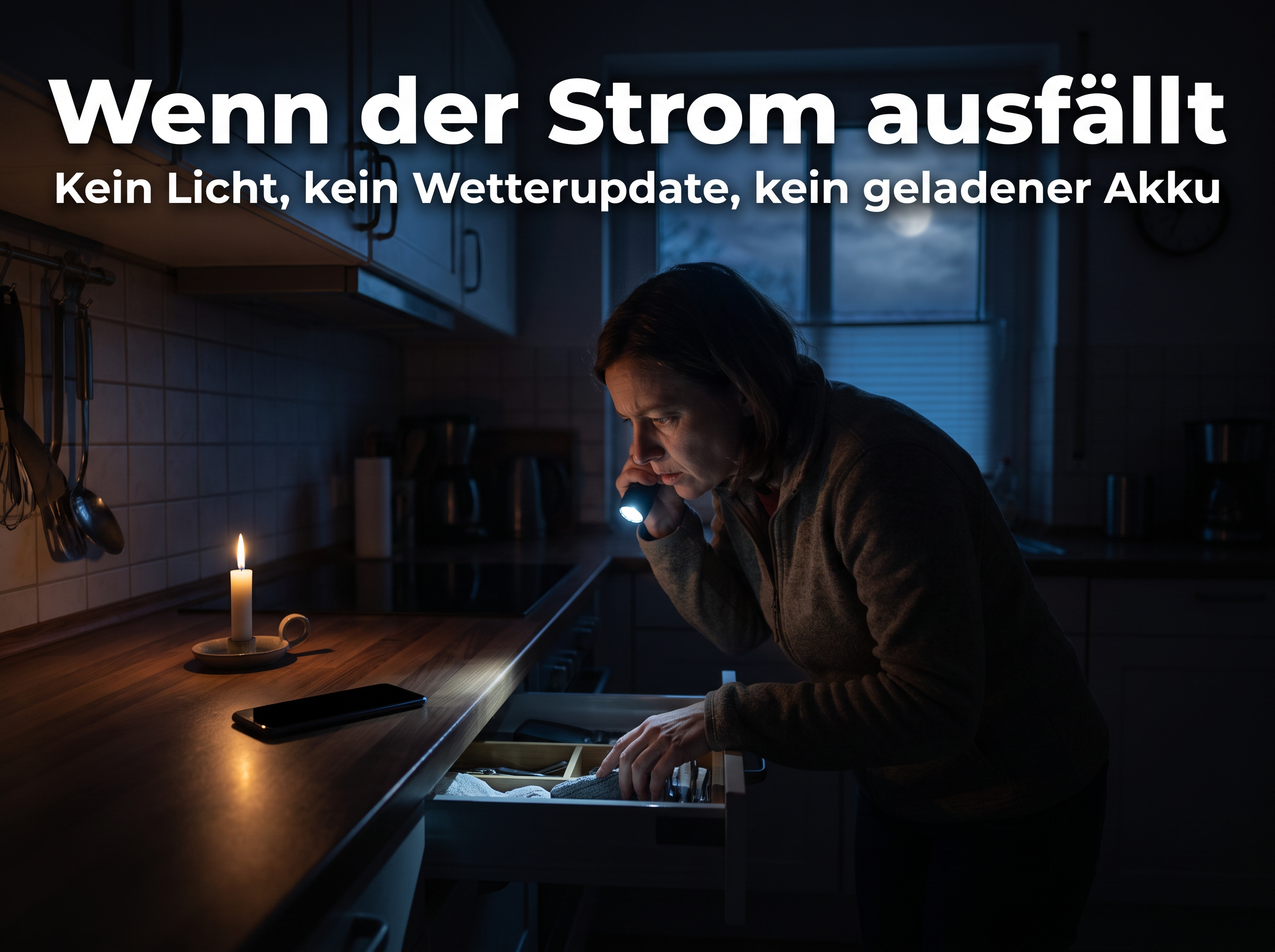 Frau sucht im dunklen, stromlosen Küchenraum mit Taschenlampe und Kerzenlicht.