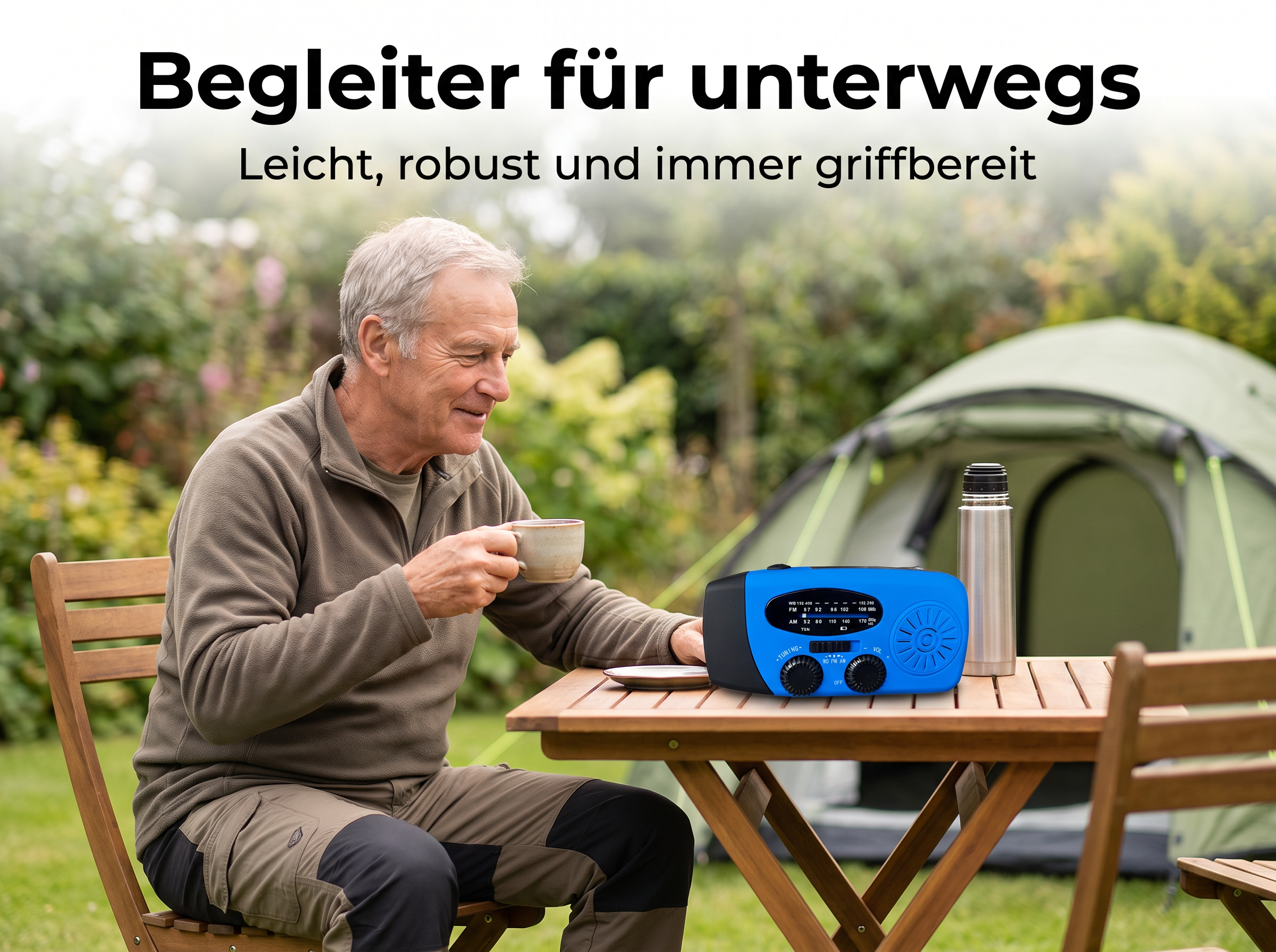 Ein älterer Mann sitzt draußen an einem Holztisch mit einer Tasse, einem blauen Radio und einer Thermoskanne, Zelt im Hintergrund.