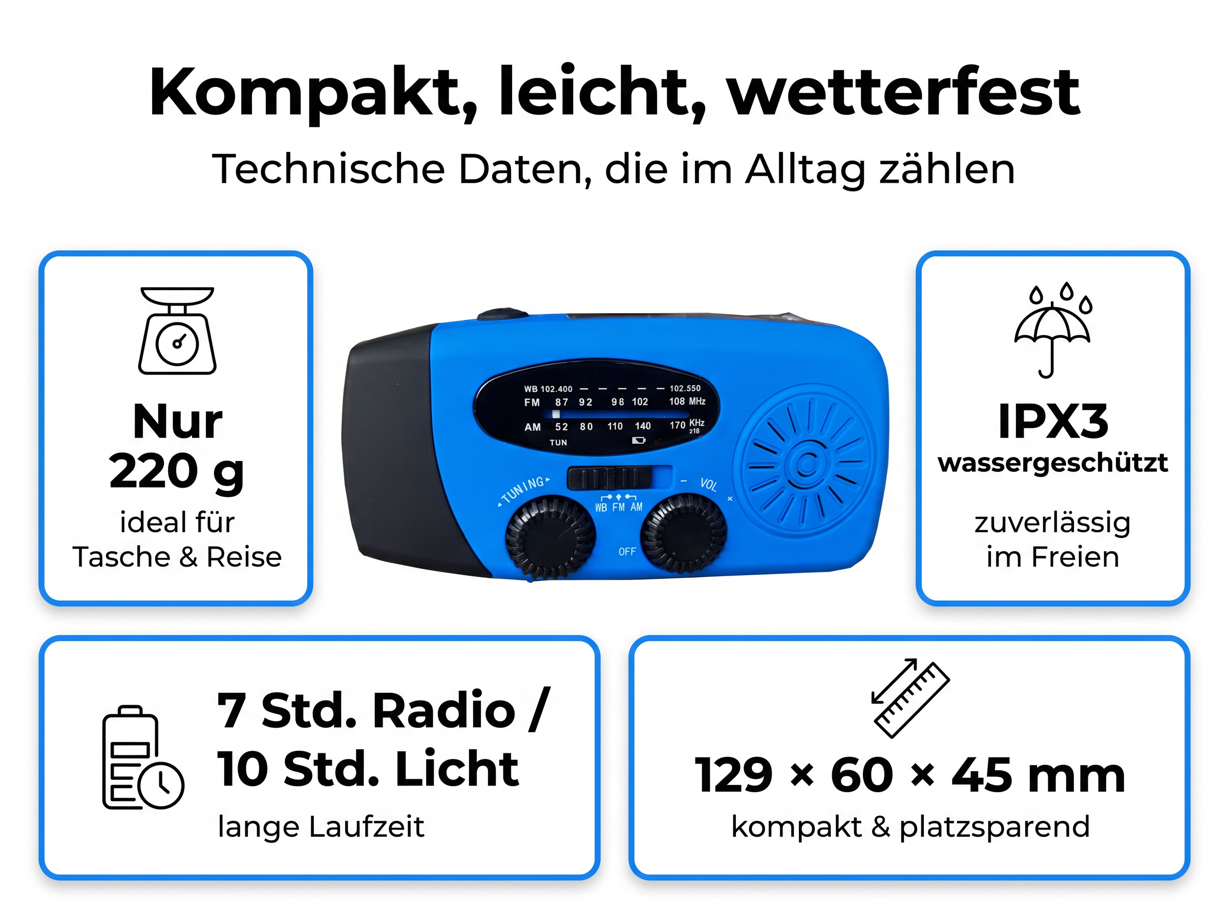 Blaue Notfall-Taschenlampe mit Radio, Gewichts-, Wetter-, Akku- und Größendetails in Infografiken.