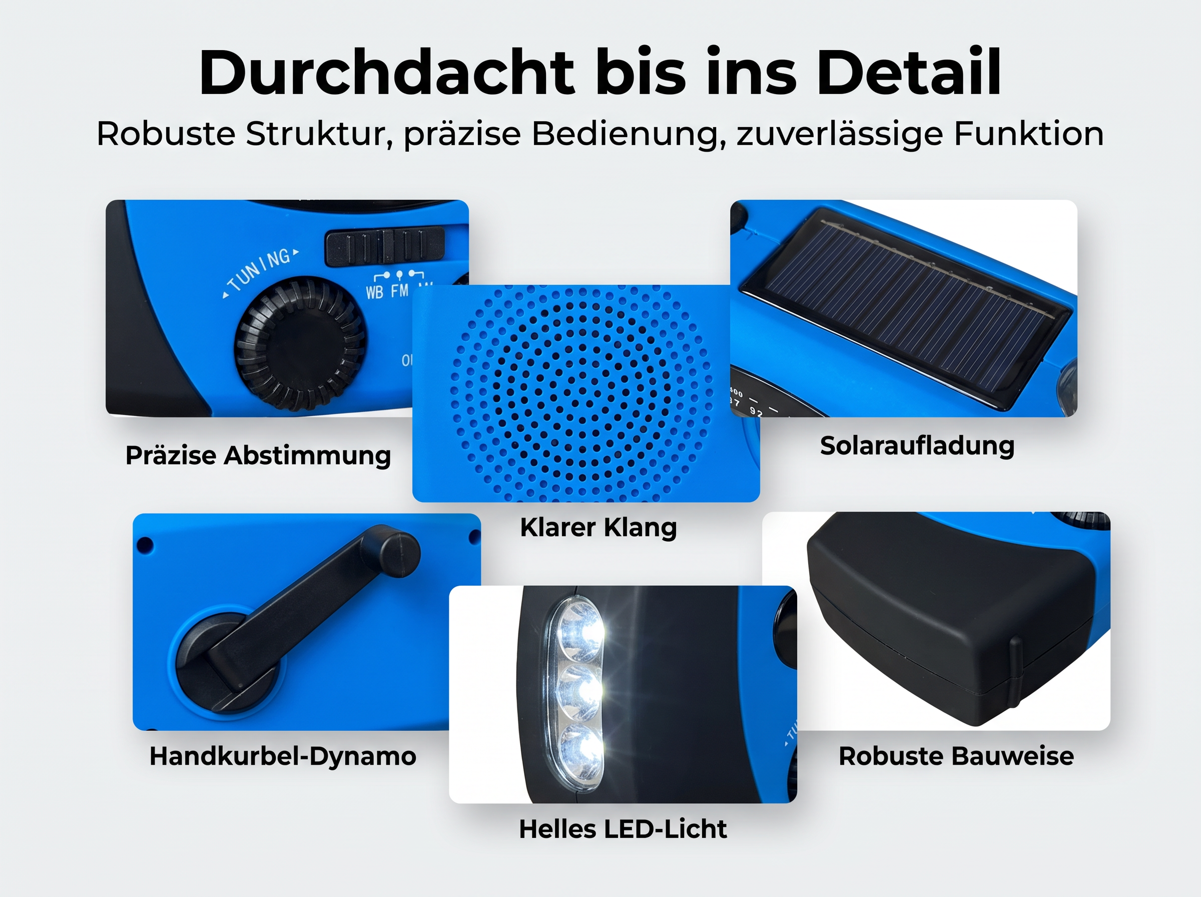 Ein Bild mit sechs blauen Radio-Details: Tuning, Lautsprecher, Solar, Kurbel, LED und robustes Gehäuse.