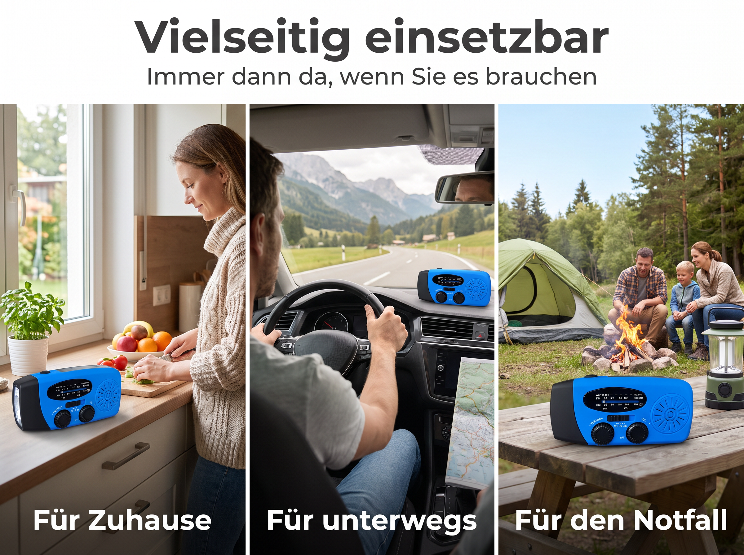 Ein blaues Notrufradio gezeigt in drei Szenen: zu Hause, im Auto und beim Camping.
